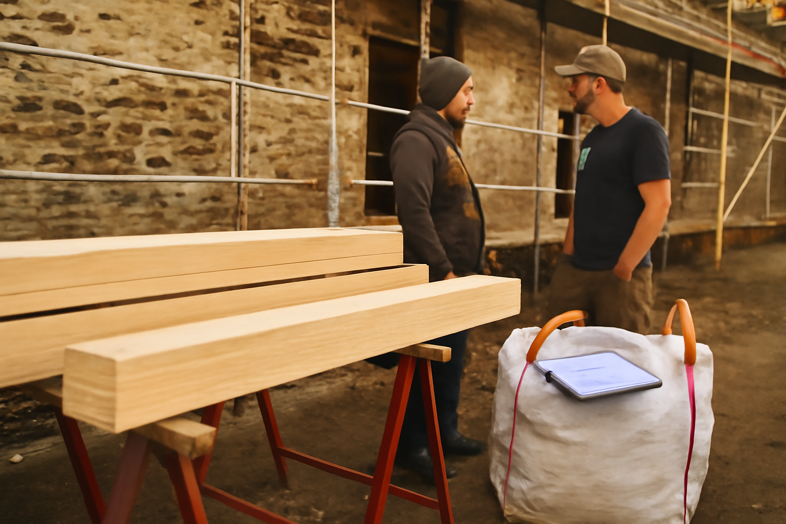 panneaux et poutres en lamibois LVL sur chantier breton, avec fiches techniques