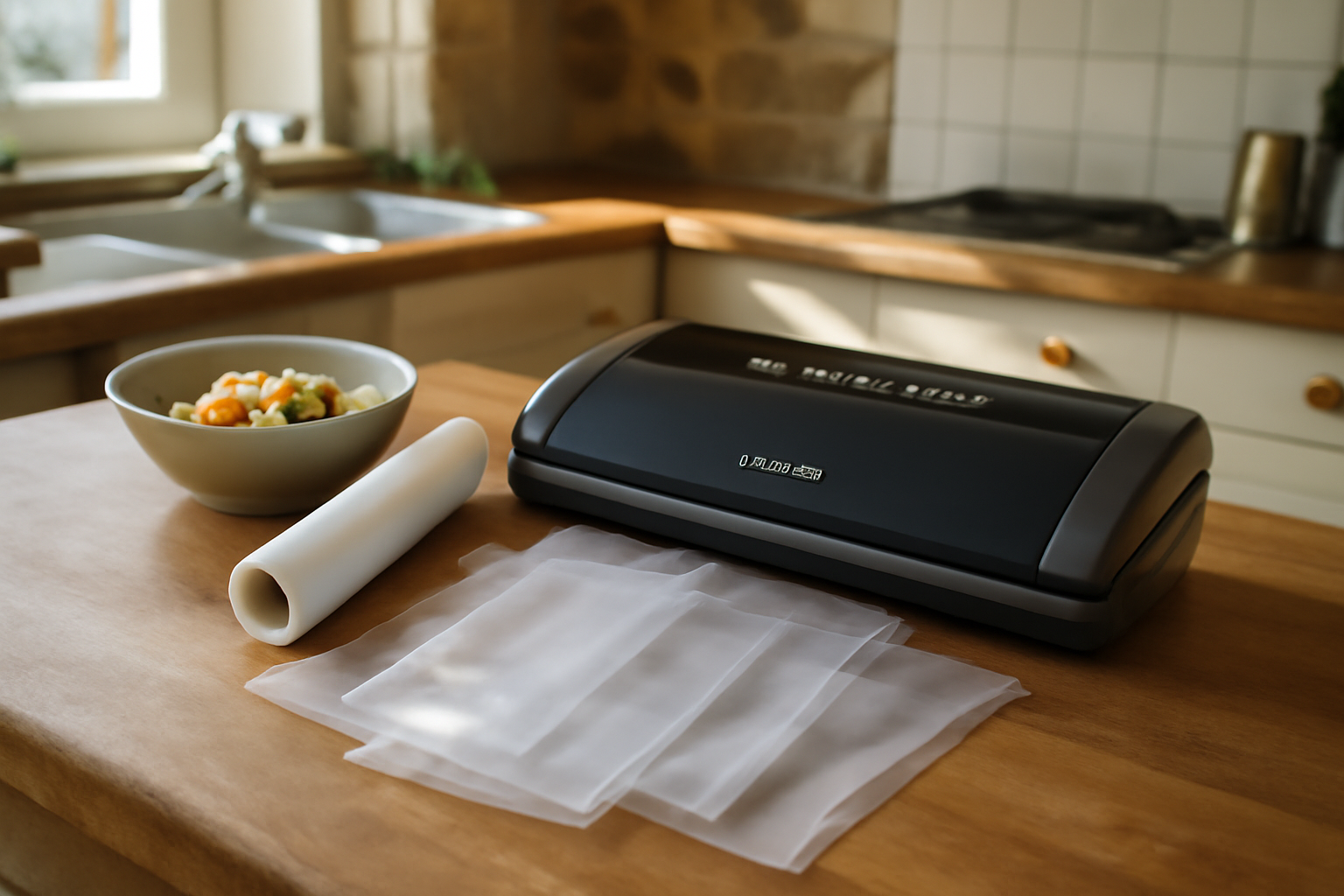 machine sous vide Lidl Silvercrest sur plan de travail cuisine, sacs plastiques et rouleau de soudure