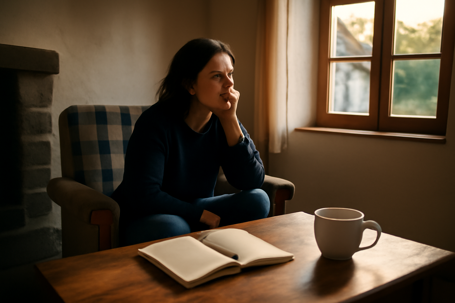 Miroir effet en psychologie : une personne réfléchit en lumière naturelle, carnet ouvert, ambiance calme