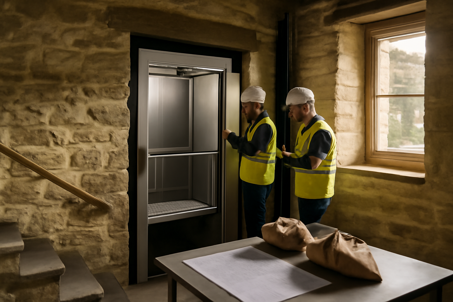 monte charge maison installé dans une trémie, vue chantier réaliste