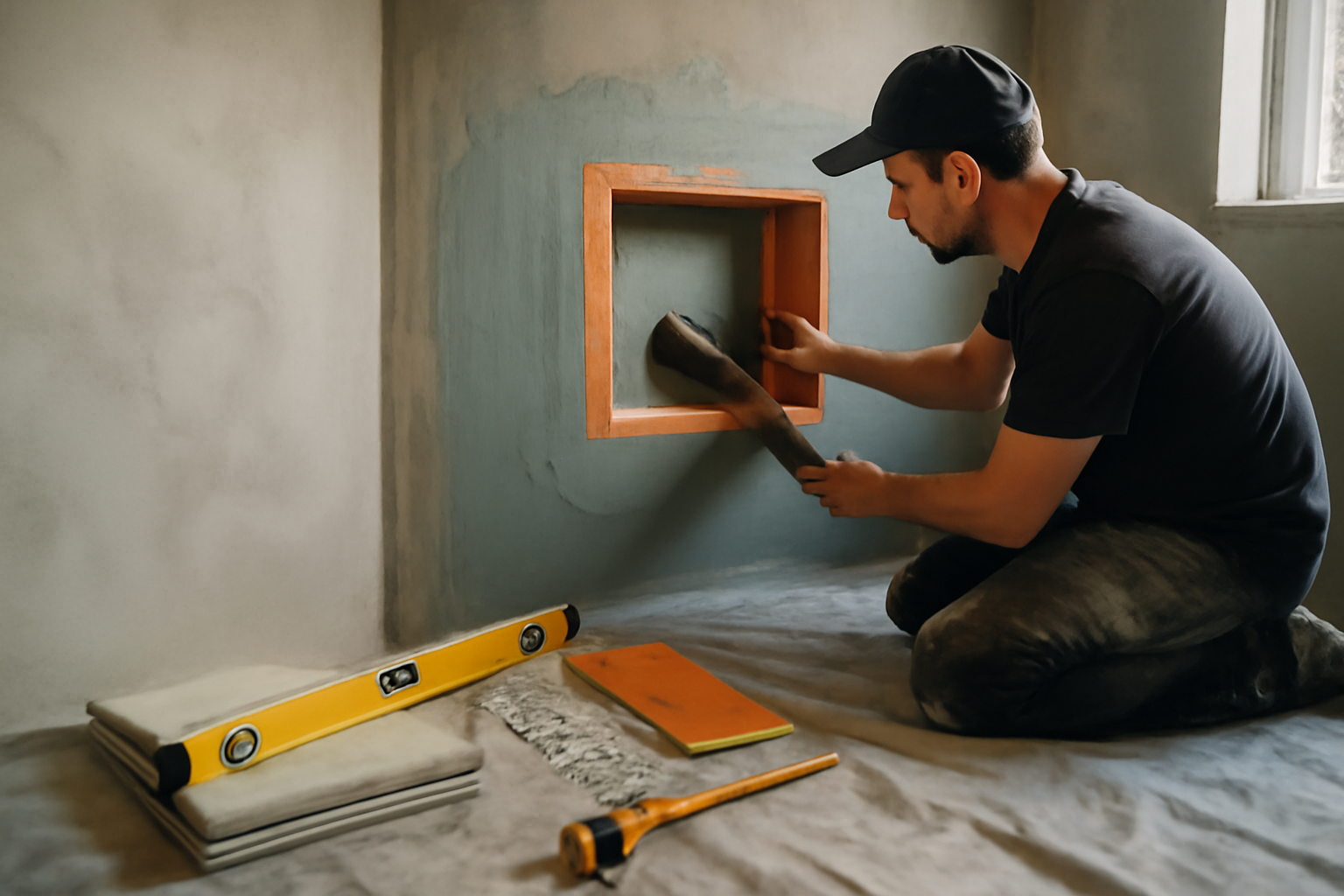 niche pour douche encastrée avec carrelage et joints étanches, chantier en salle de bain bretonne