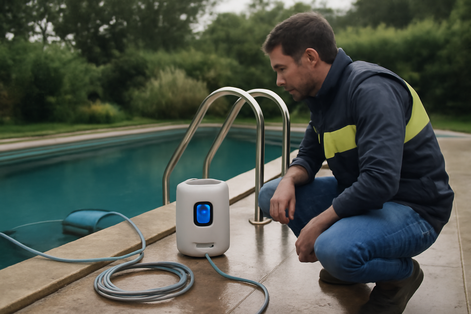 Robot piscine Zodiac avec voyant « i » clignotant sur l’unité de commande, en bord de piscine