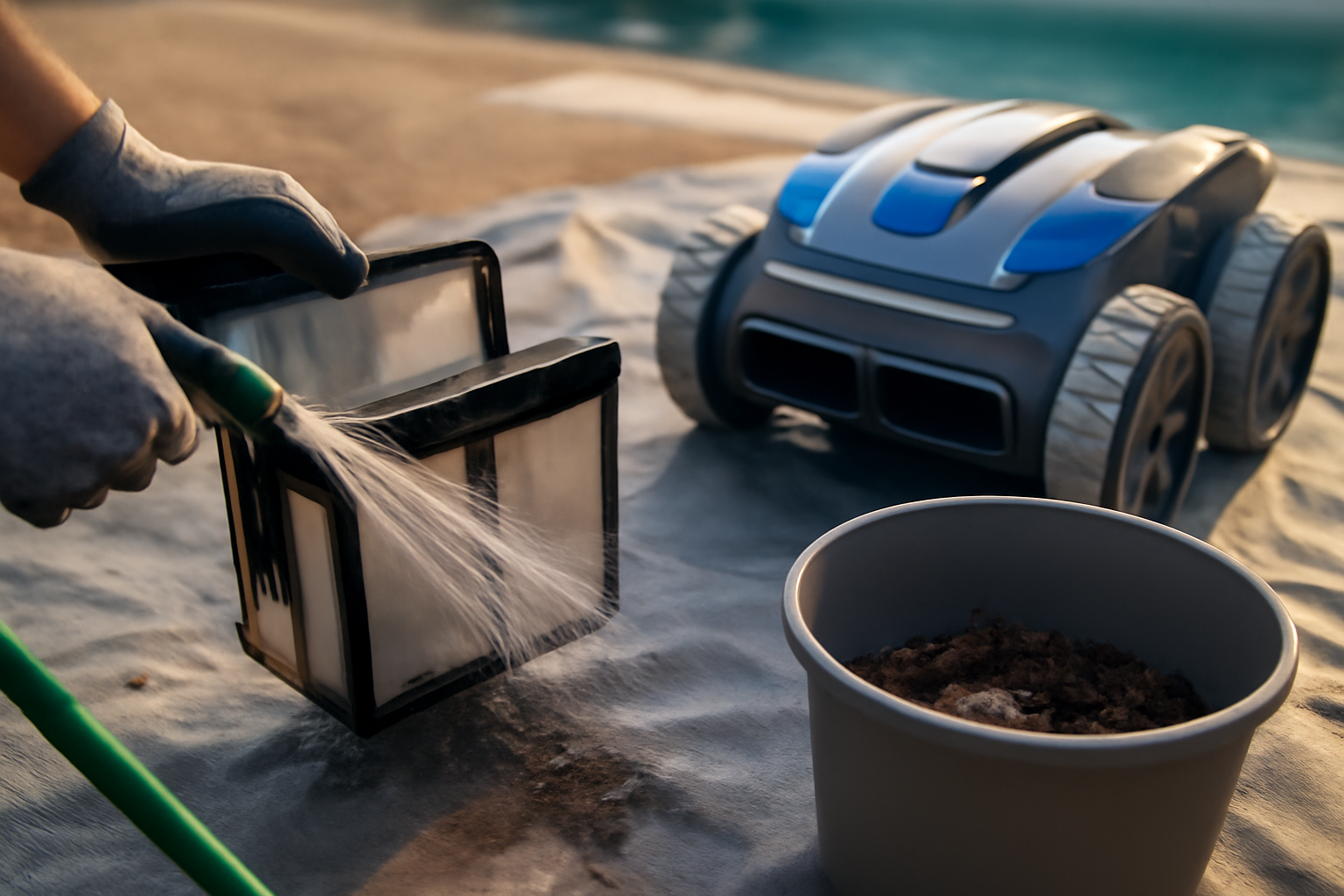 Collecteur et zones d’aspiration d’un robot piscine Zodiac nettoyés avant relance du cycle