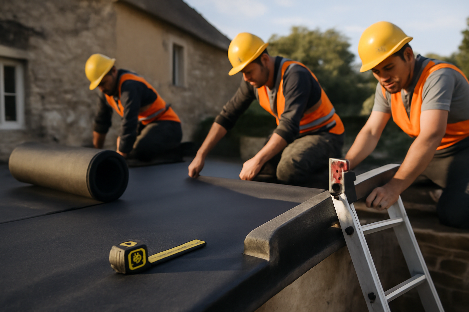 roofing : couvreur pose une membrane d’étanchéité sur toiture plate à faible pente en Bretagne, contrôle des relevés