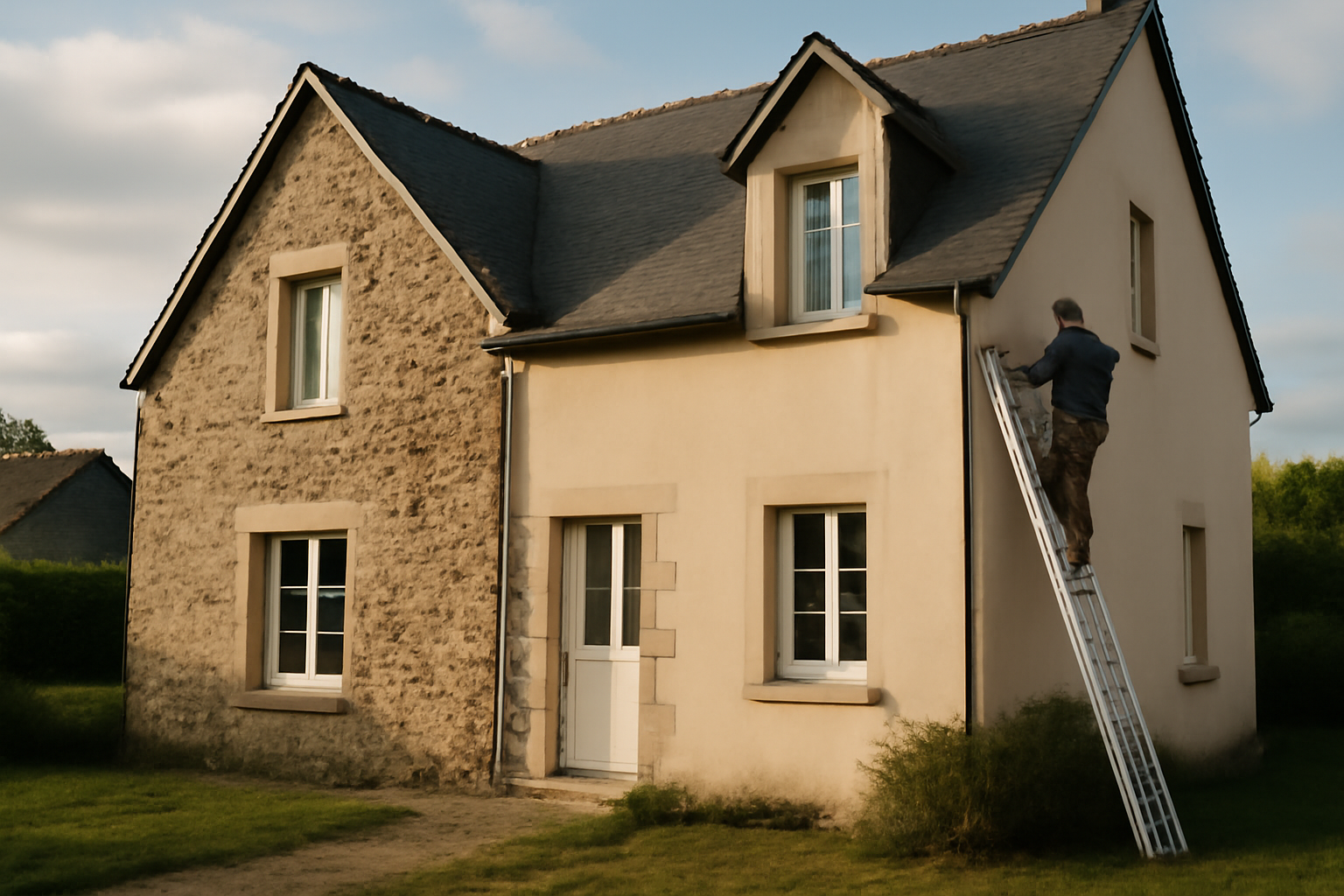 Toiture en shingle sur maison bretonne, bardeaux bitumineux imitant l’ardoise