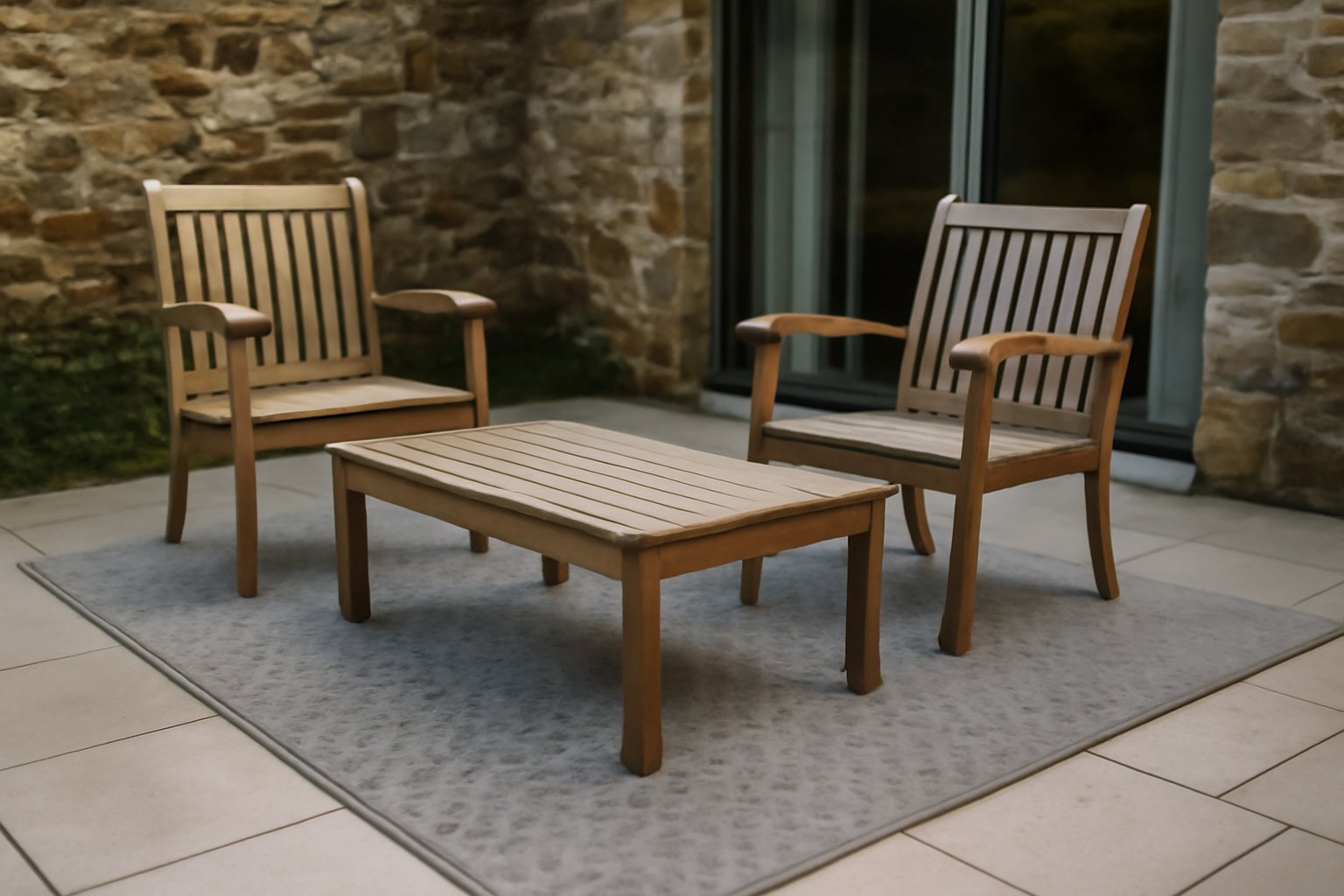 tapis d'exterieur lavable sur terrasse bretonne, carrelage et mobilier de jardin