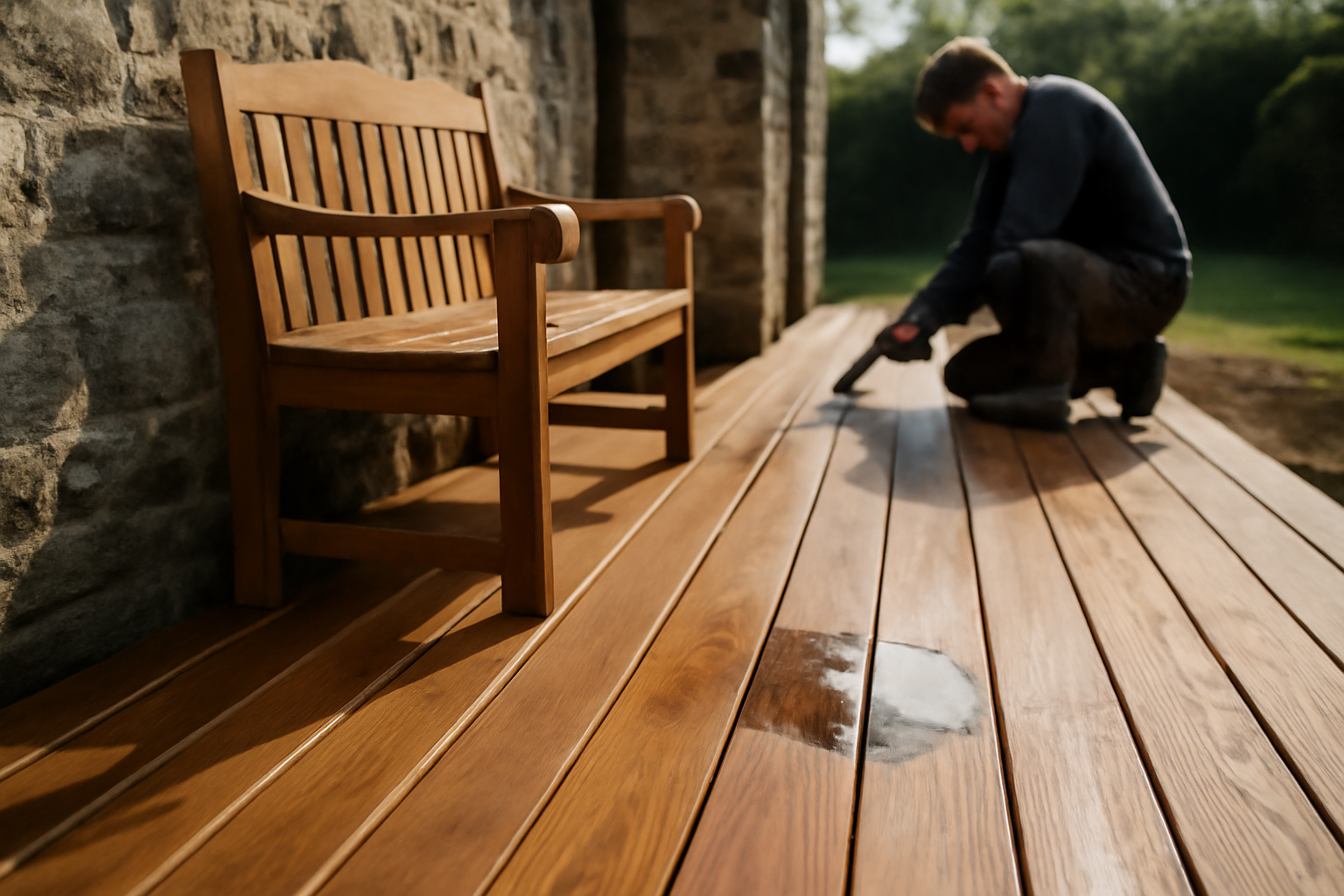 Teck brun doré sur des lames de terrasse et un banc en extérieur, lumière du matin en Bretagne