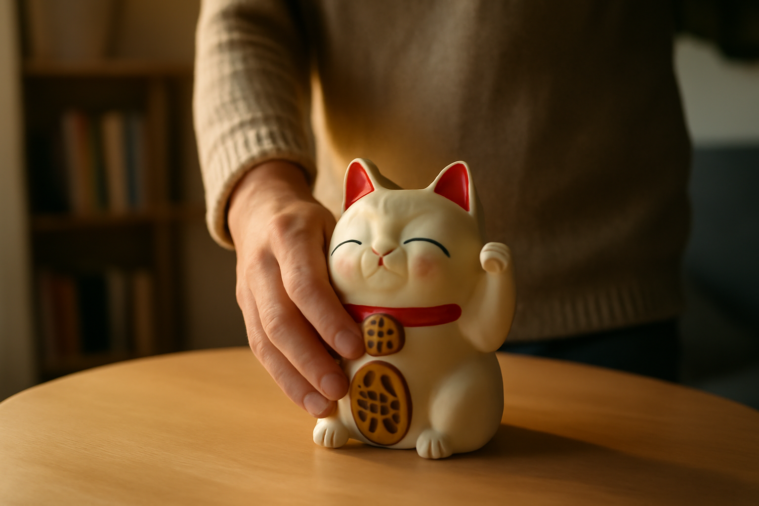 tirelire japonaise Maneki Neko en céramique sur une table en bois, lumière naturelle