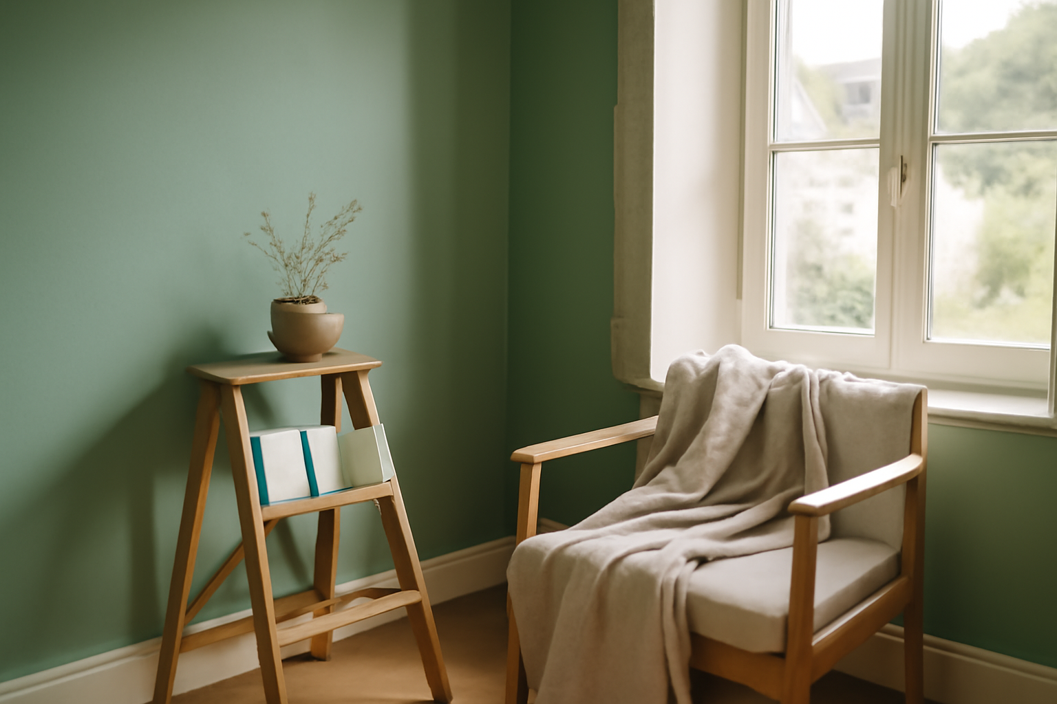 Peinture verdeau couleur sur un mur intérieur clair avec lumière du matin, échantillons et textiles beige