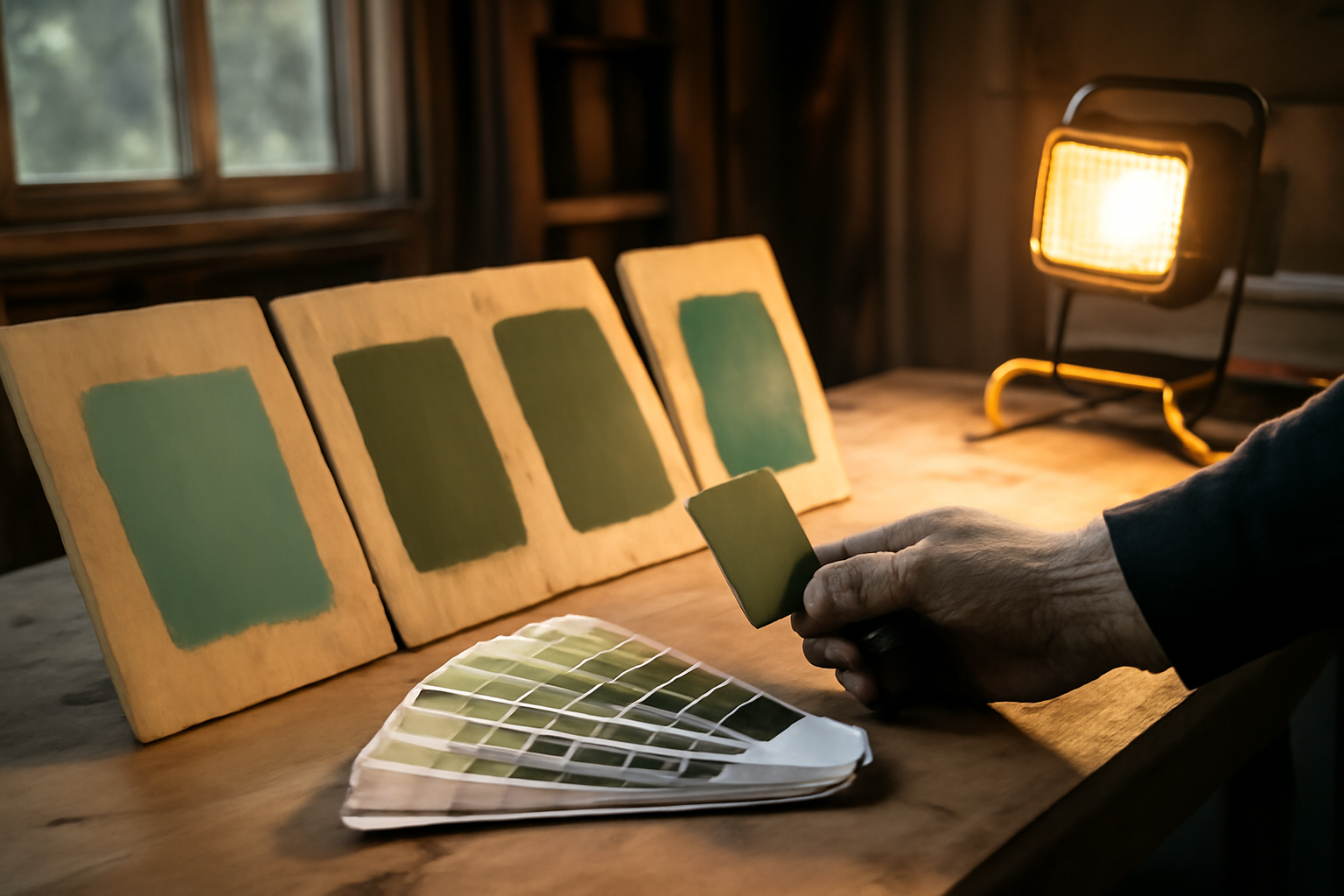 Vert nuances : échantillons de peinture verts sur panneau en atelier, lumière du jour