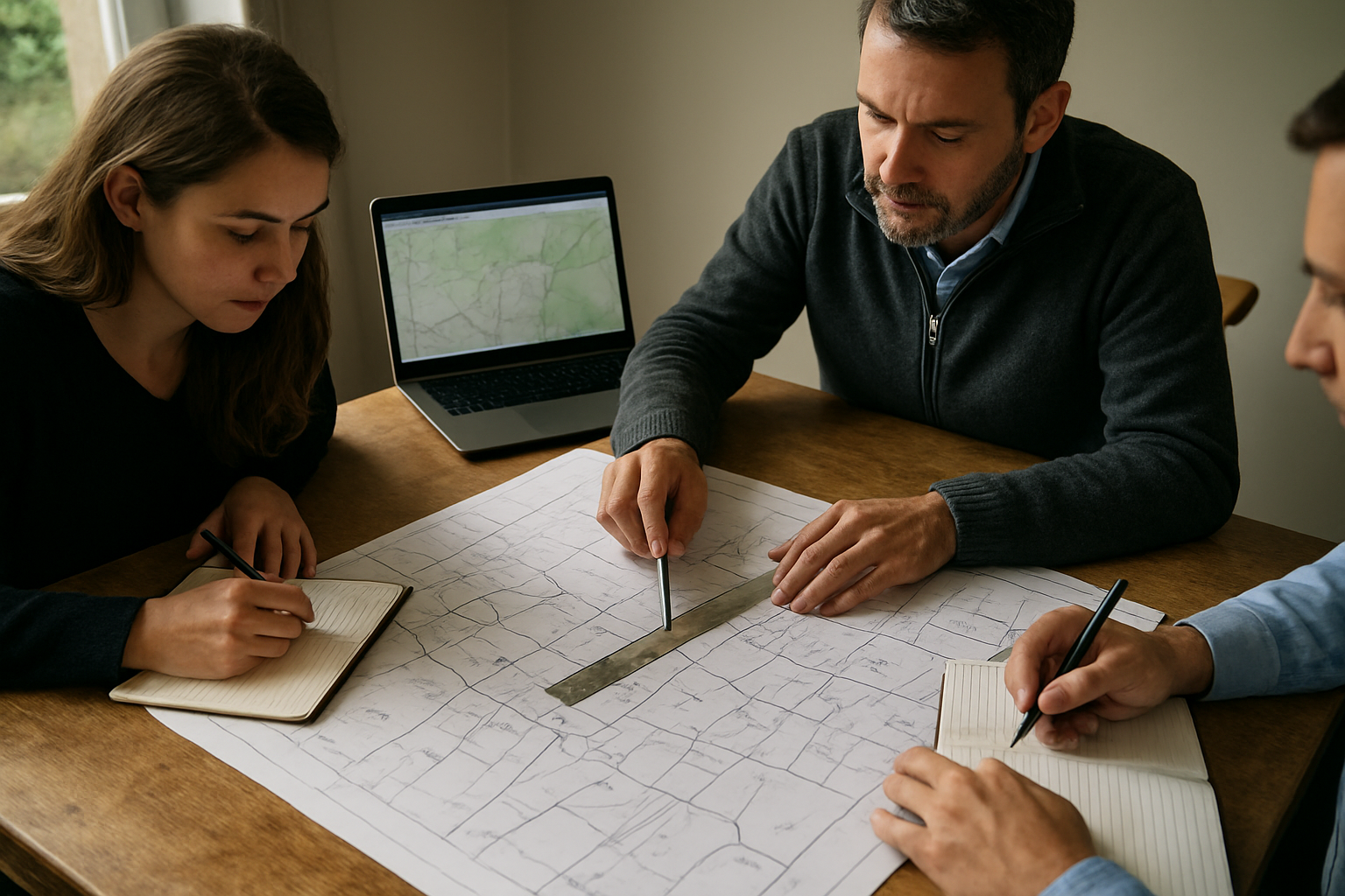 Réunion sur table avec un plan cadastral et un géomètre-expert qui vérifie des limites