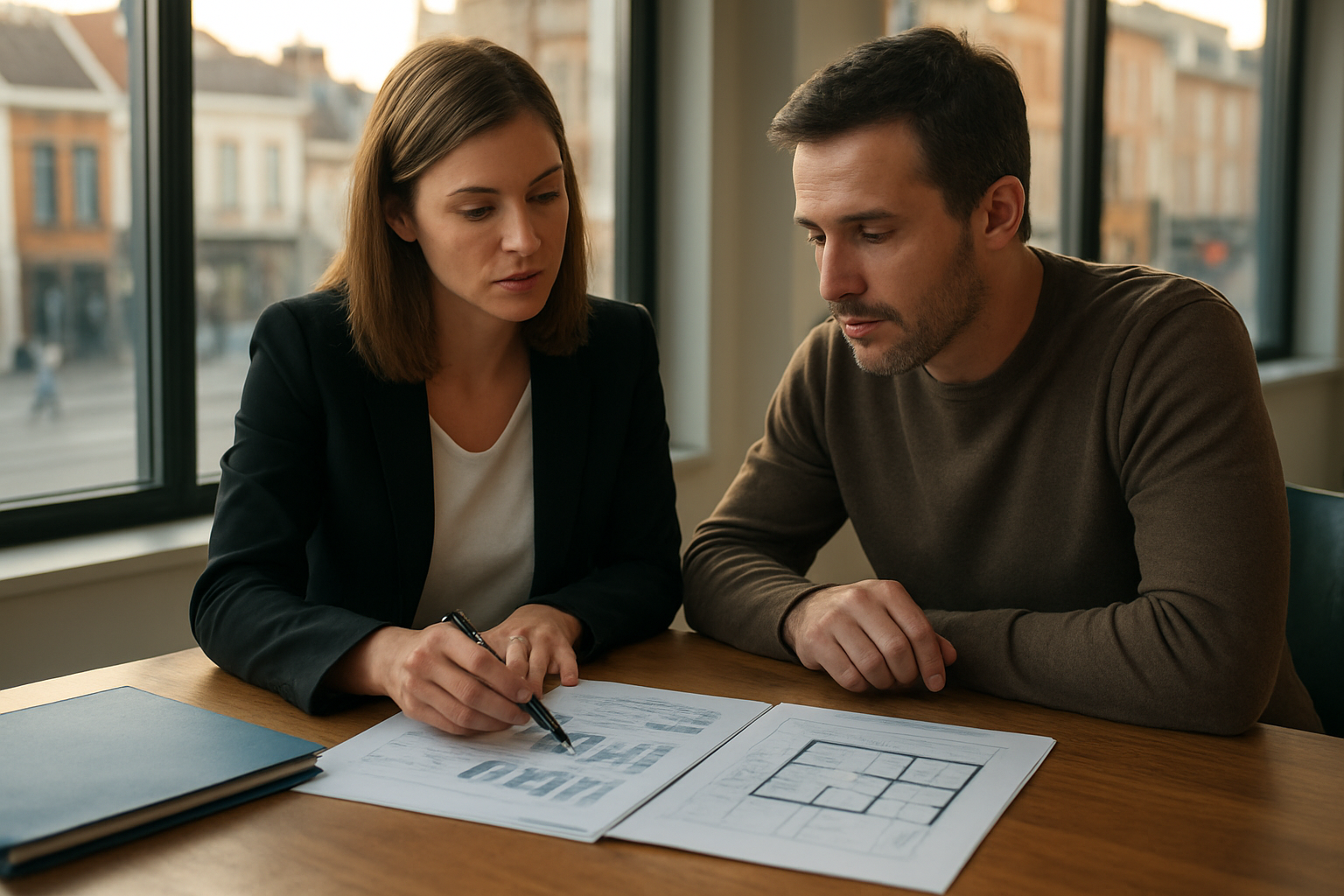 Agent immobilier à Lille consultent une estimation et des diagnostics sur une table près d’une fenêtre