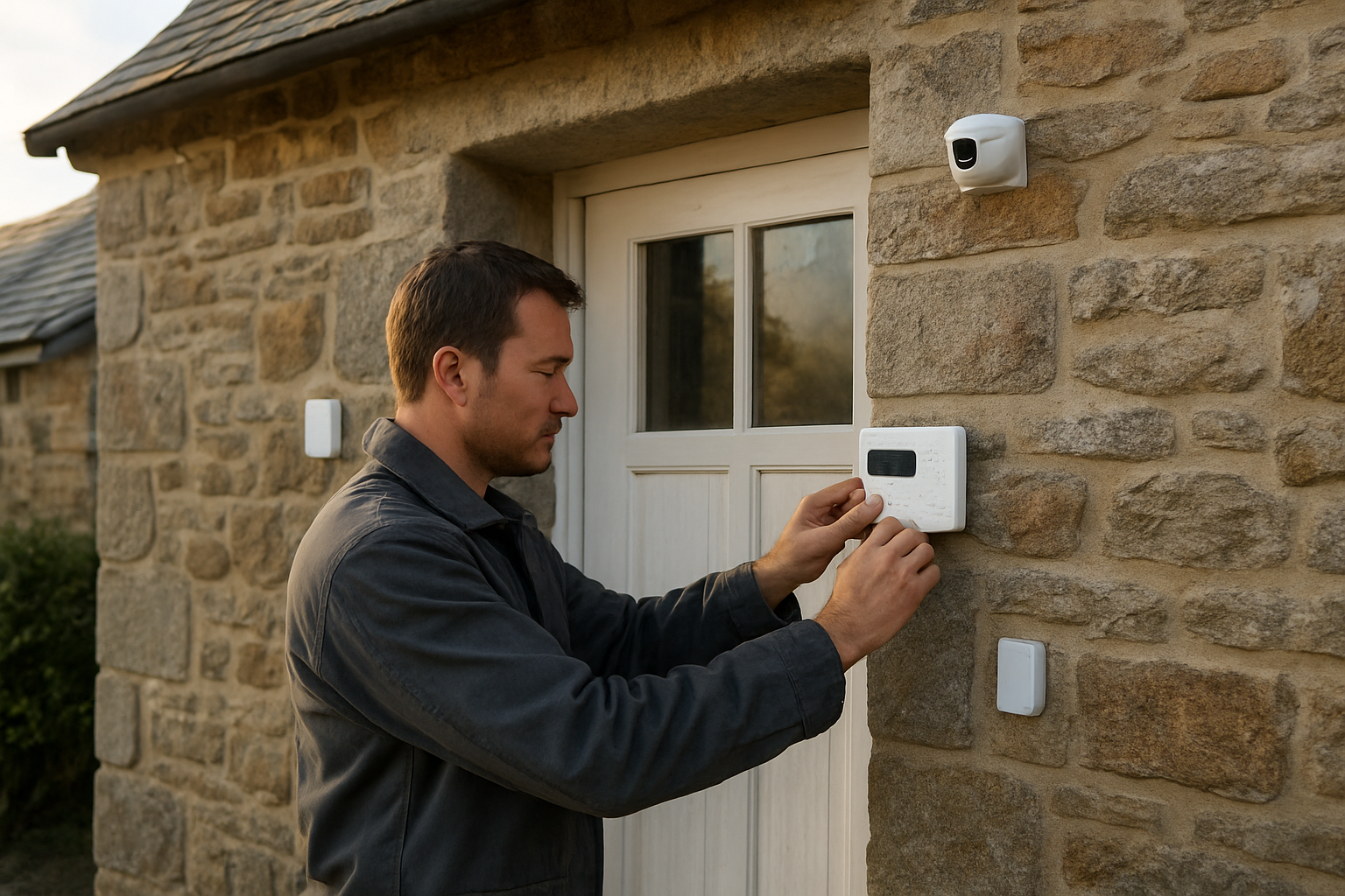 Technicien vérifiant une centrale d’alarme et des capteurs sur une maison en Bretagne, lumière de fin d’après-midi