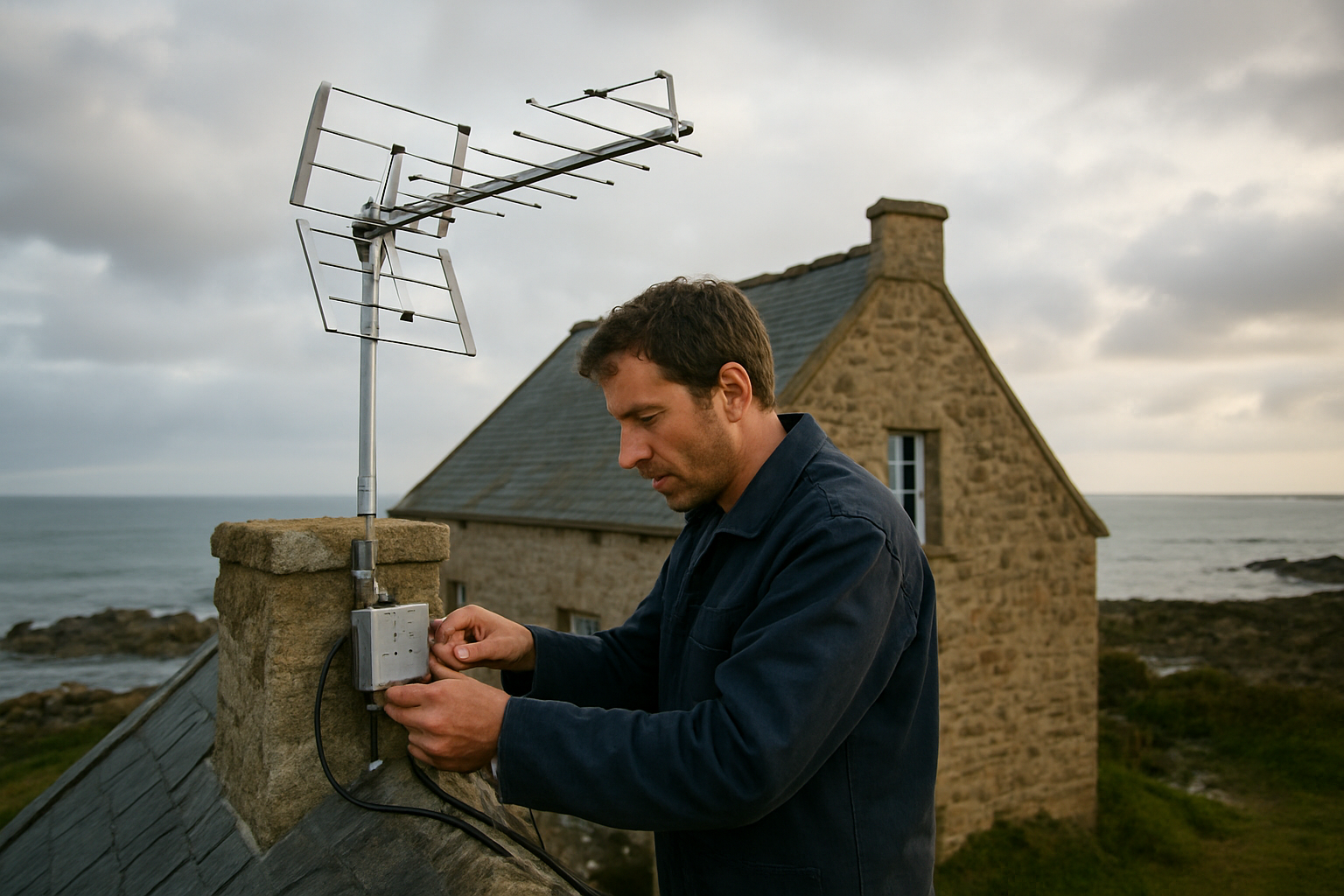 Amplificateur d’antenne TV placé près d’une antenne UHF sur un toit en Bretagne