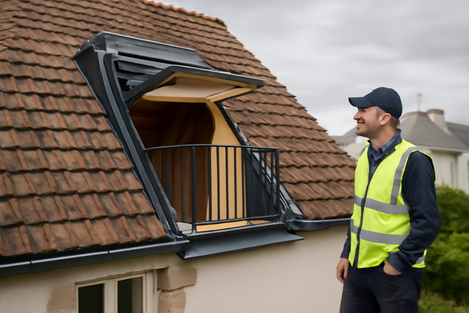 Balcon velux ouvert sur une toiture en tuiles en Bretagne, vue depuis les combles