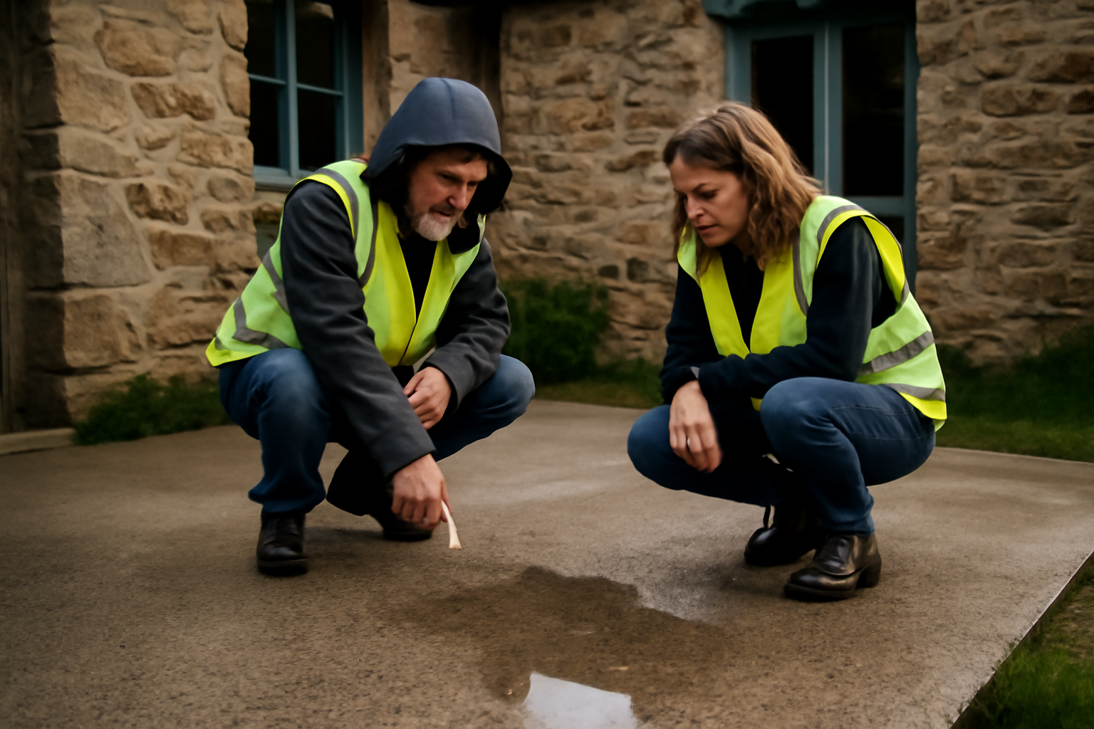 Terrasse en béton lavé avec granulats apparents et traces d’eau après pluie, maison bretonne en arrière-plan