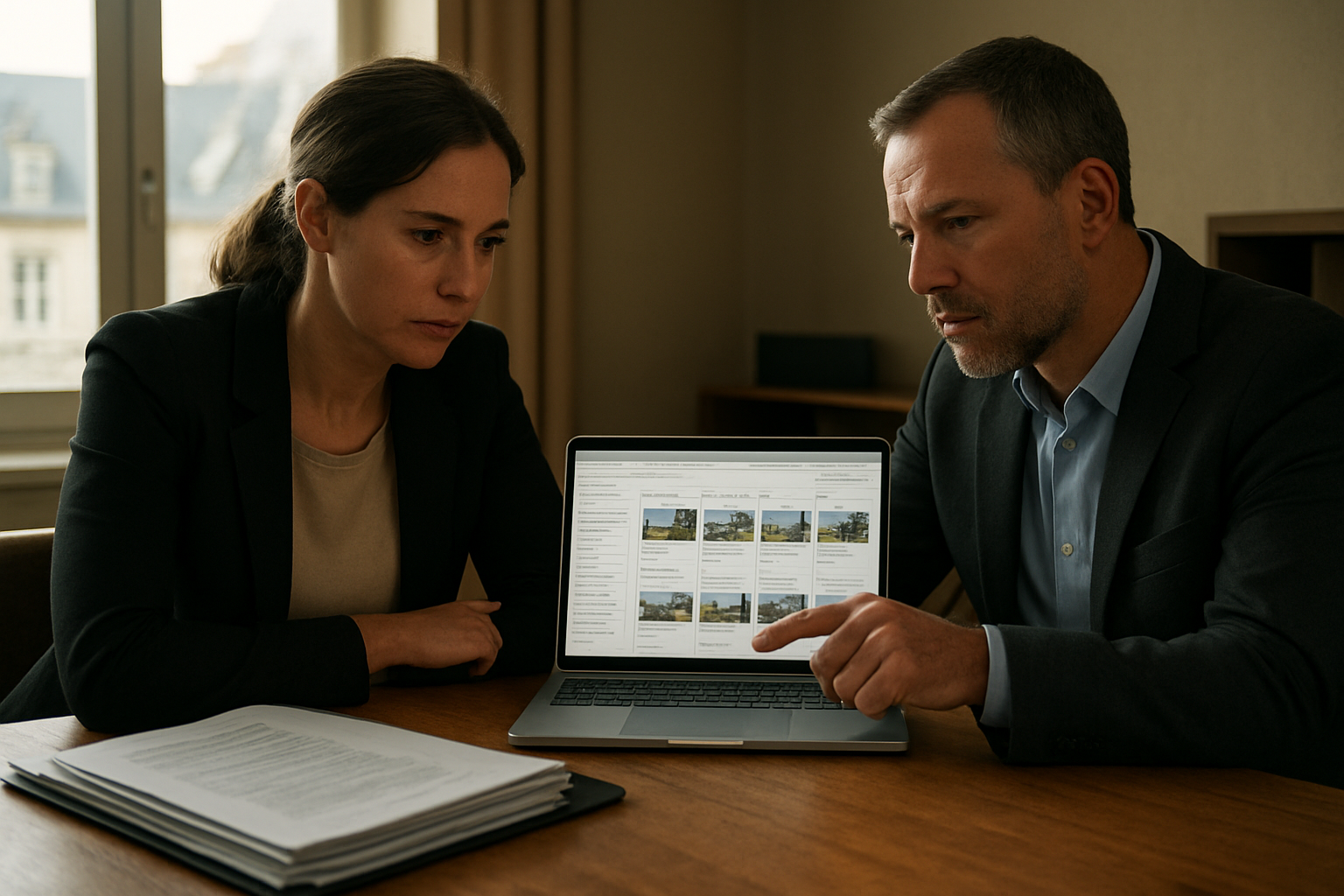 Professionnels de l’immobilier consultant un espace pro sur écran avec visuels de mandats