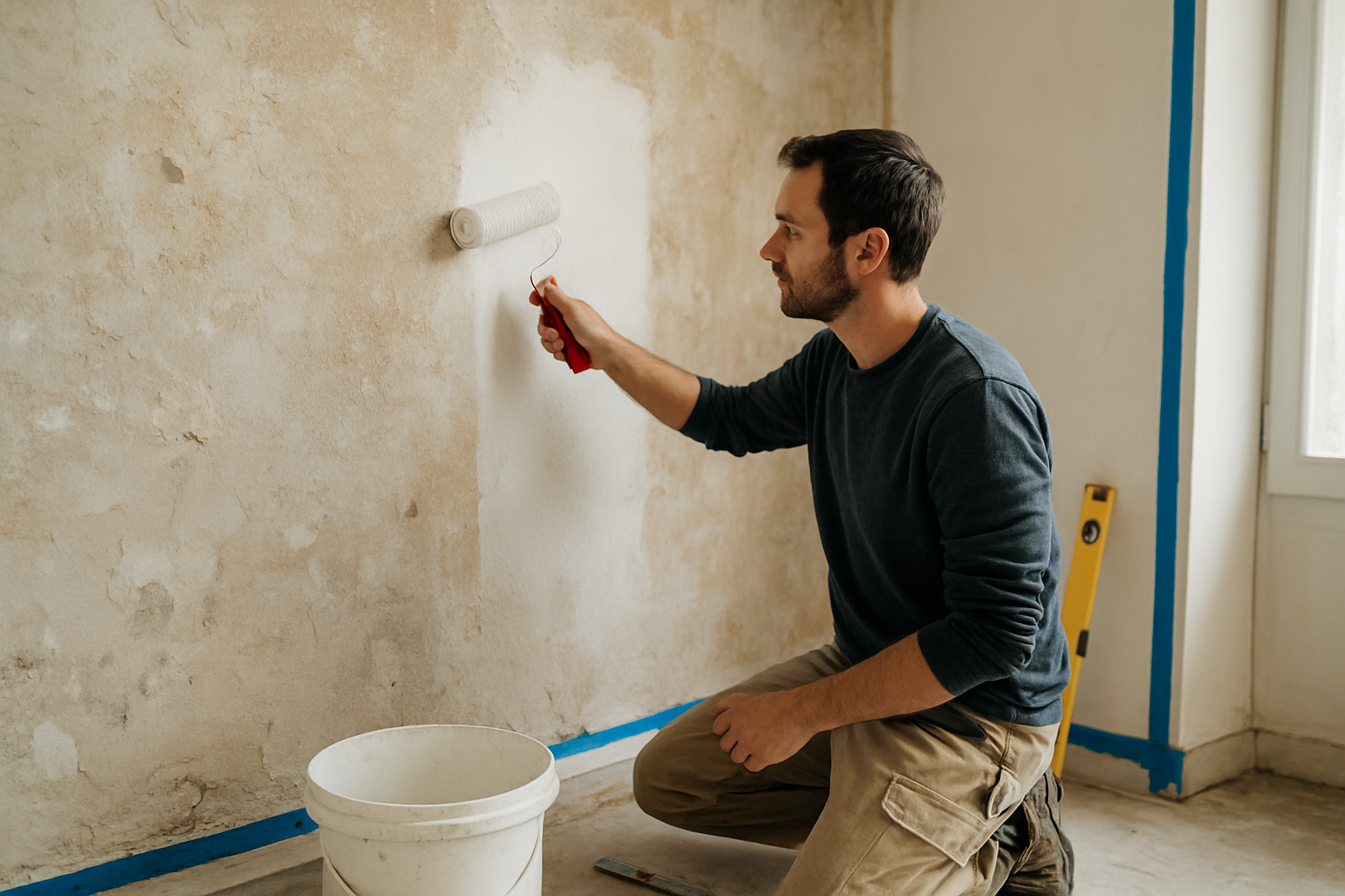 Vérification des couches compatibles sur un mur avant application d’enduit et peinture