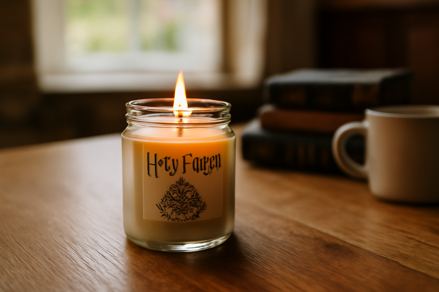 Bougie Harry Potter sous licence officielle sur une table en bois, verre épais et étiquette lisible