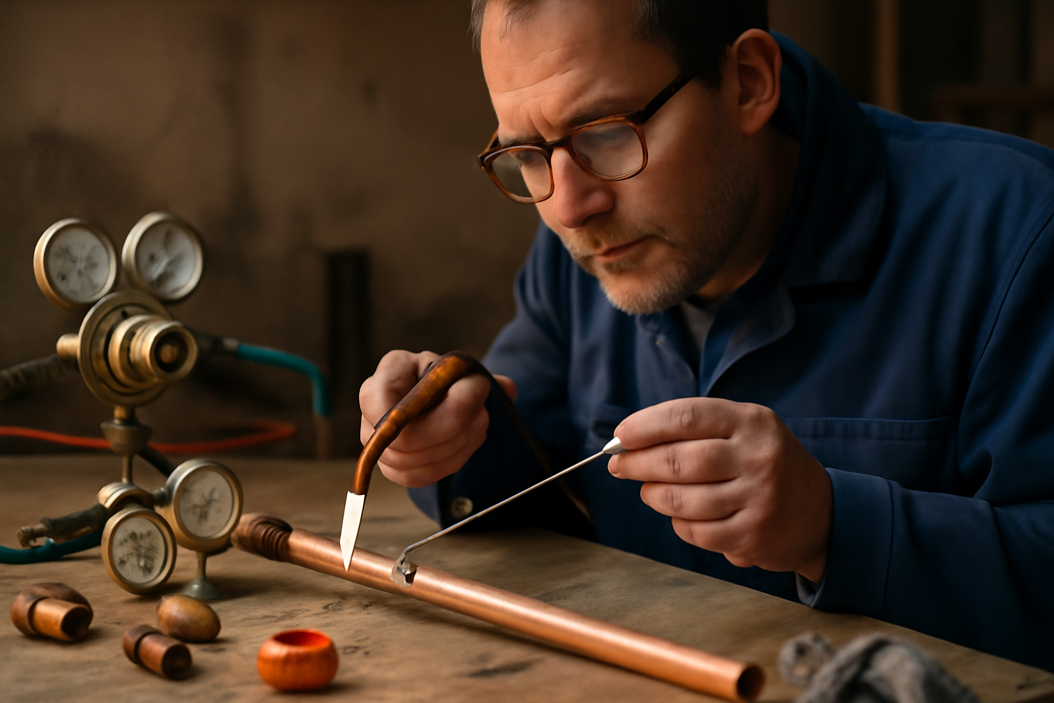brasure cuivre sur raccord de plomberie en atelier, chalumeau oxyacétylénique et baguette