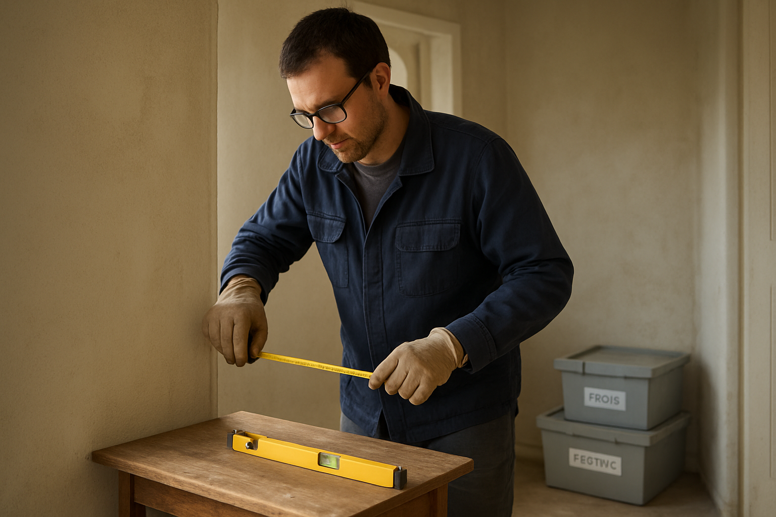Bricolage d’automne facile : une entrée de maison avec outils, ruban à mesurer et niveau à bulle