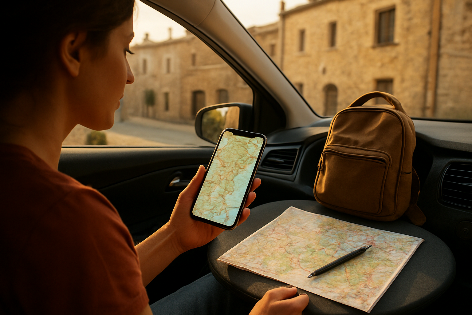 Consultation d’une carte routière des Pyrénées-Orientales sur un smartphone au bord de la route, avec une carte papier pliée et une voiture garée près d’un village catalan