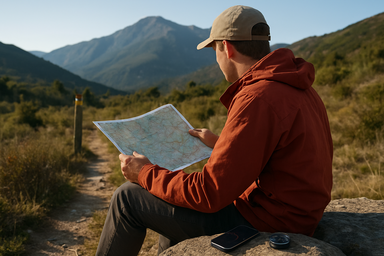 Lecture d’une carte topographique des Pyrénées-Orientales sur un rocher en bord de sentier, avec boussole et téléphone en mode hors connexion