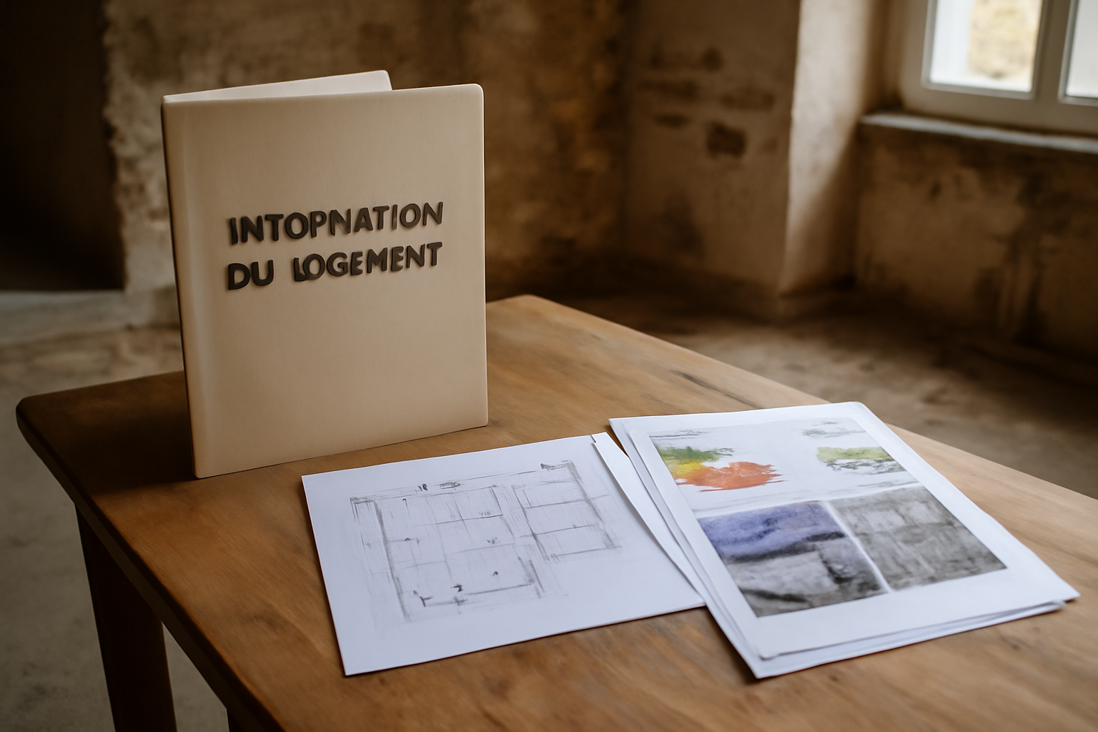 Carnet d’information du logement CIL posé sur une table près de plans et diagnostics énergie dans une maison bretonne
