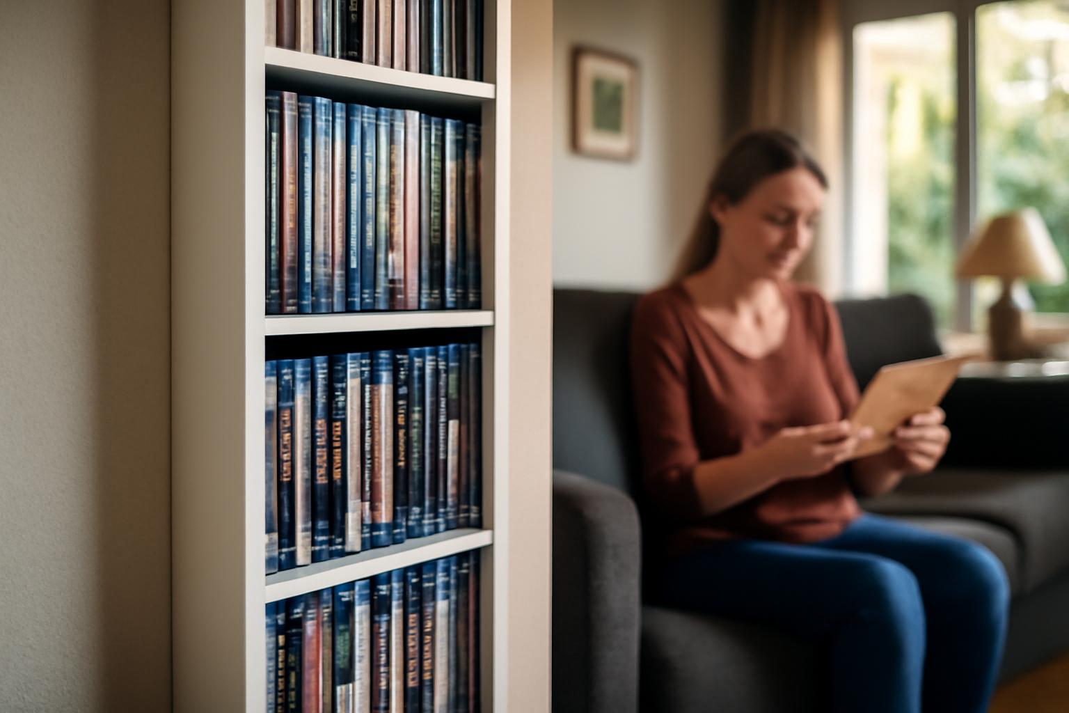 colonne dvd blanche dans un salon lumineux, étiquettes de classement et DVD rangés verticalement