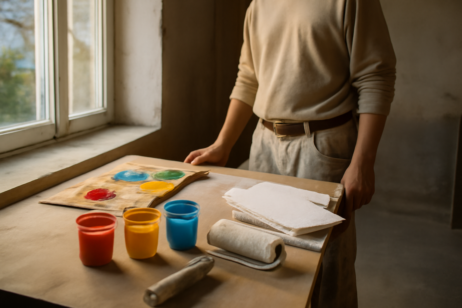 comment faire du marron : mélange rouge, jaune et bleu sur palette avant application sur un mur