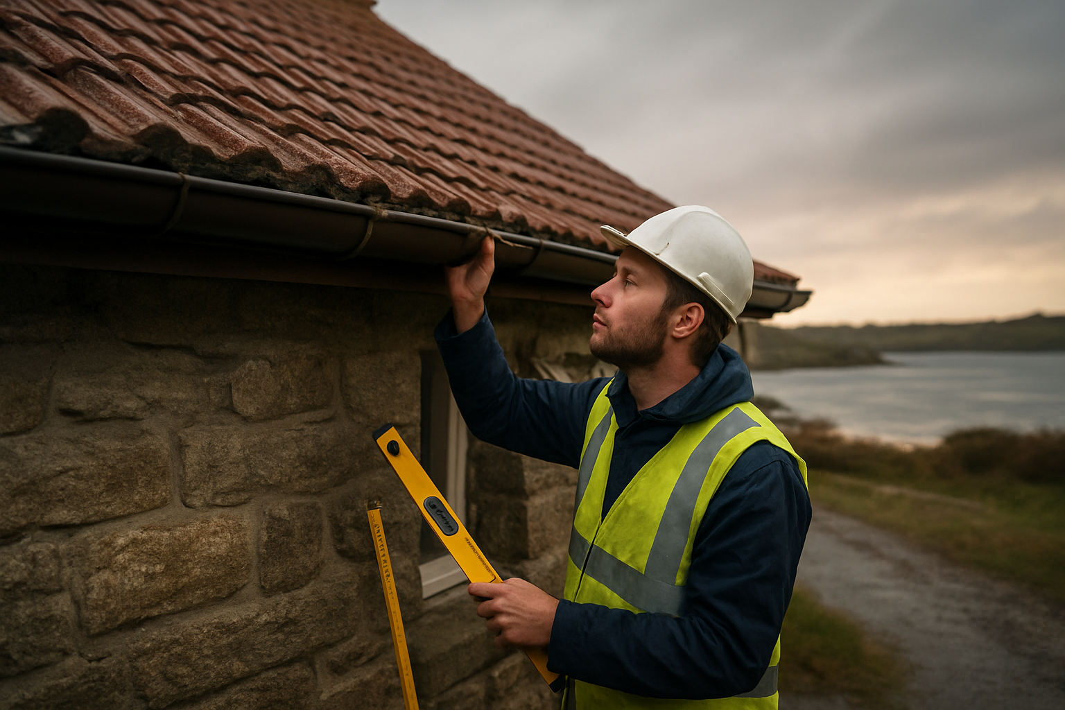 Débord de toit avec gouttière et habillage de sous-face sur une maison bretonne, contrôle visuel des rives