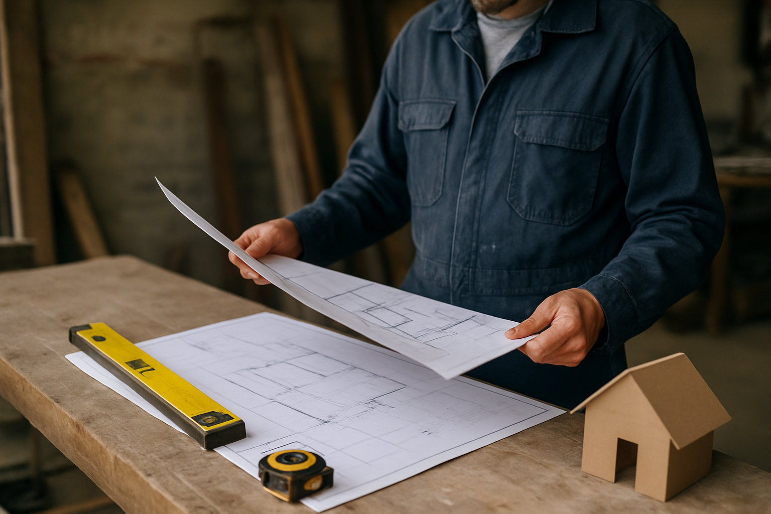 Plan de coupe d’un débord de toit avec gouttière et rives, vérification des pentes sur table de chantier