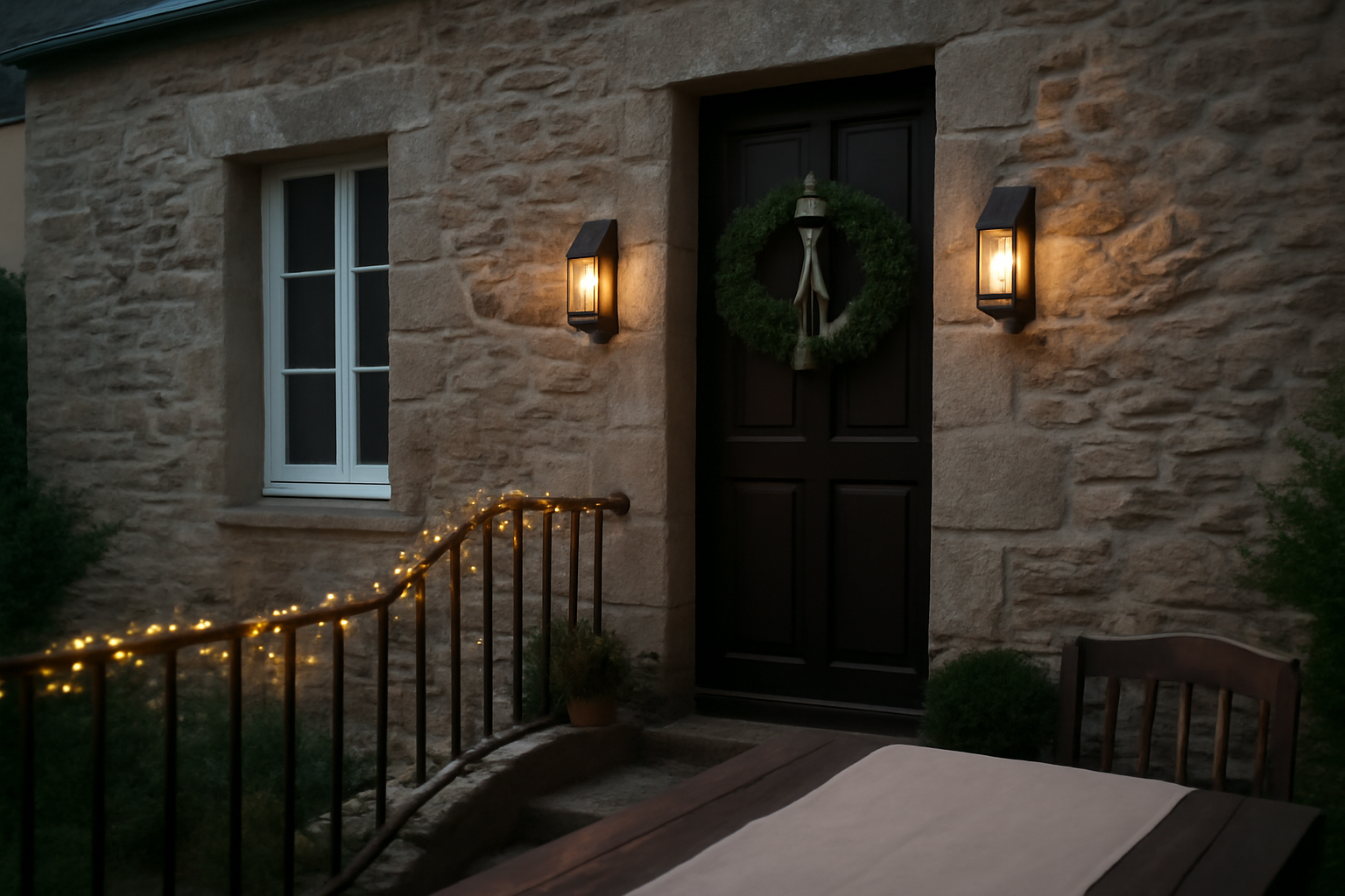 deco noel pas cher : guirlandes LED et couronne naturelle sur une porte d'entrée en Bretagne, lumière chaude