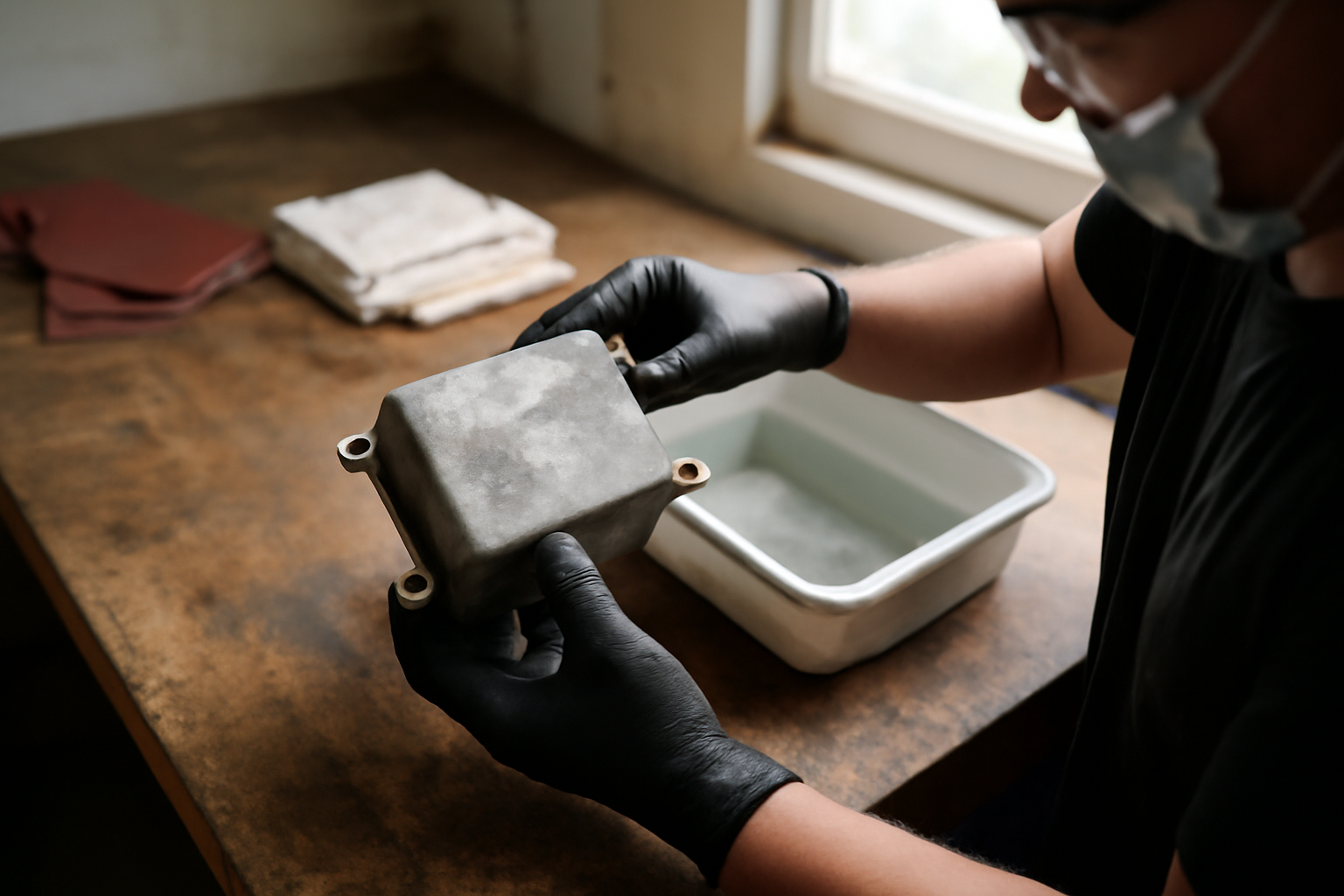 pièce en aluminium préparée pour un dérochage avant peinture, atelier avec gants et lunettes