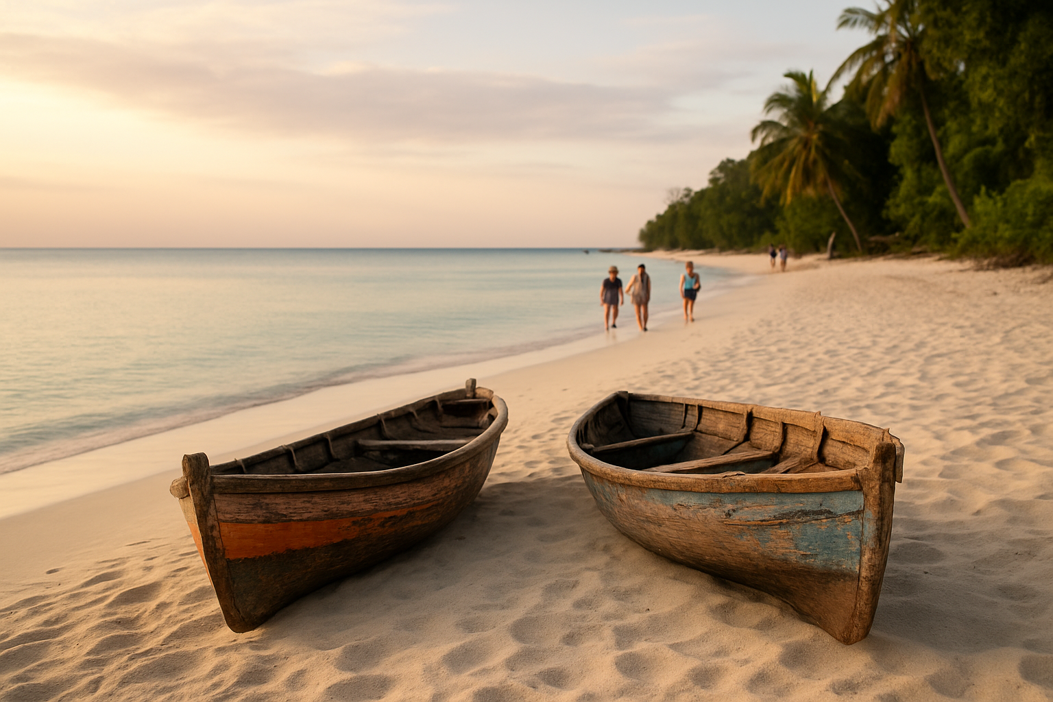Plage de sable fin sur l’île Sainte-Marie (Nosy Boraha) avec barques au bord de l’eau