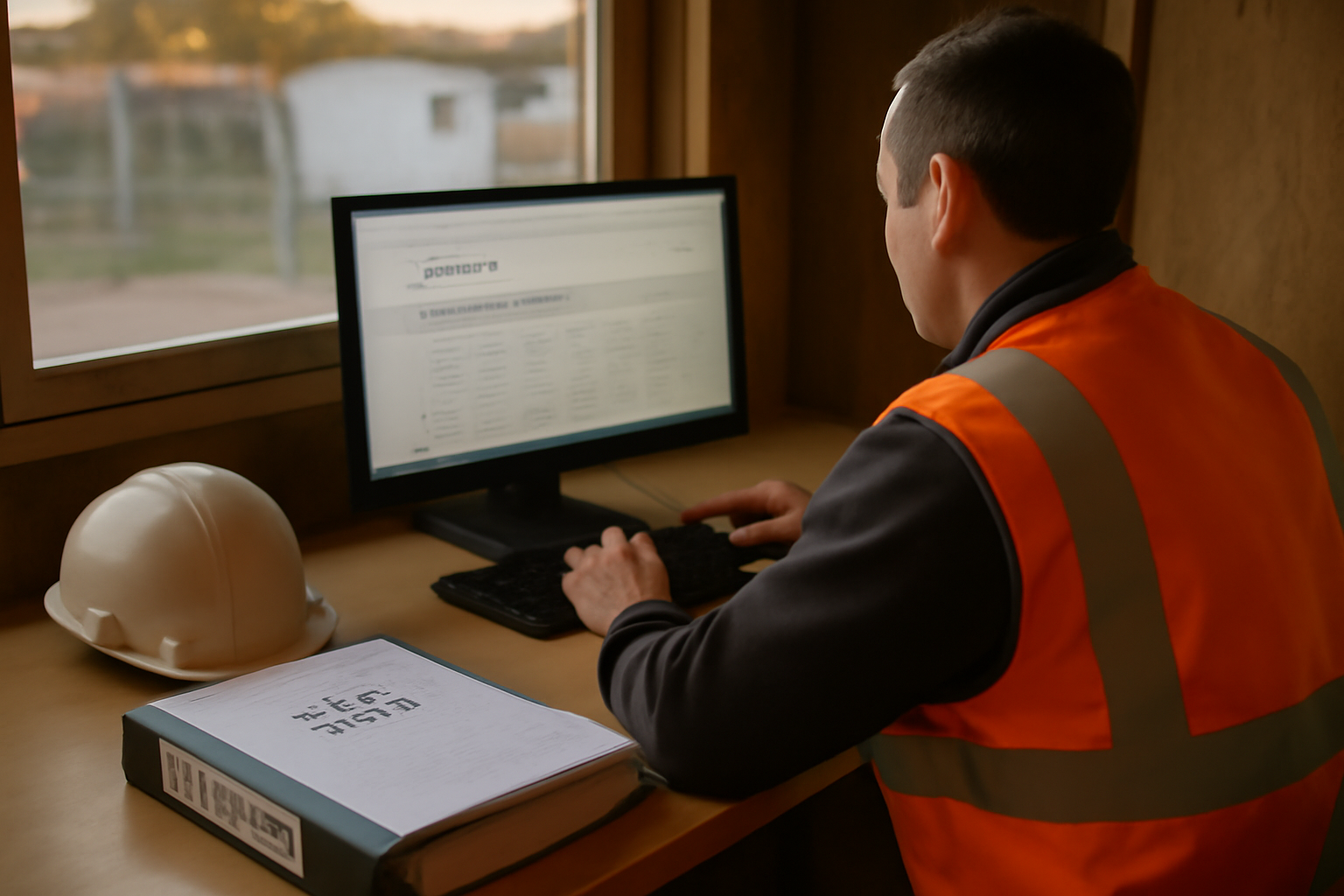 Indice ing Insee affiché sur un écran avec documents de marché public, bureau de chantier en Bretagne, lumière de fin d’après-midi