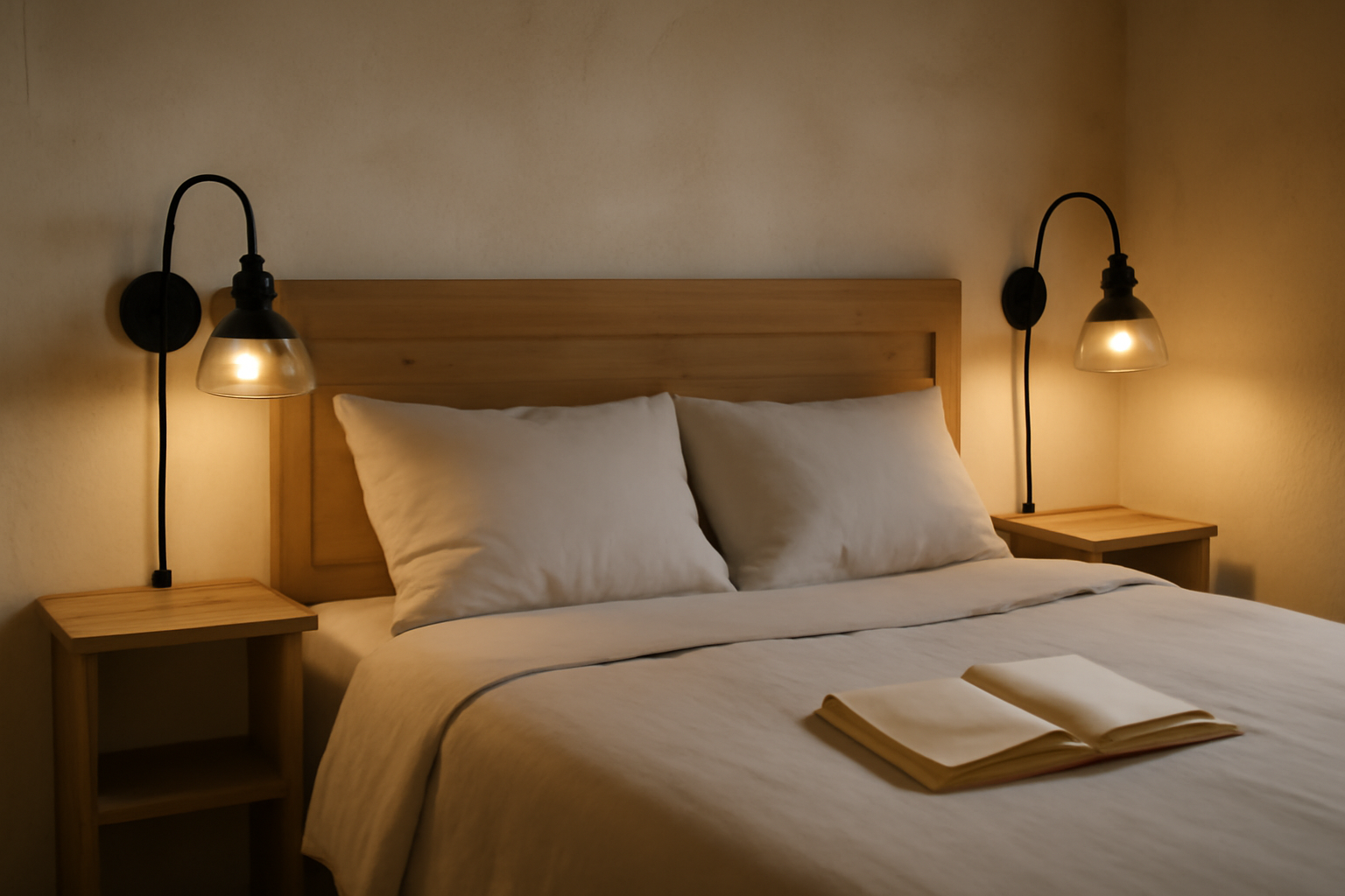 Lampe de chevet industriel en métal noir et verre, abat-jour orienté près d’un lit
