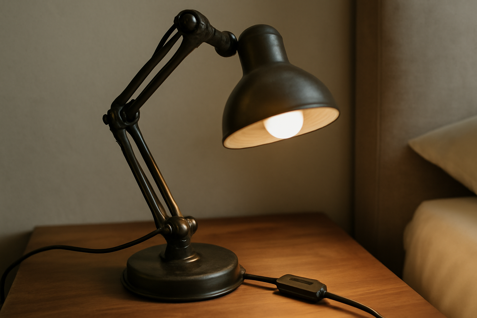 Détail d’une lampe de chevet industriel : bras articulé, câble et interrupteur sur table de nuit