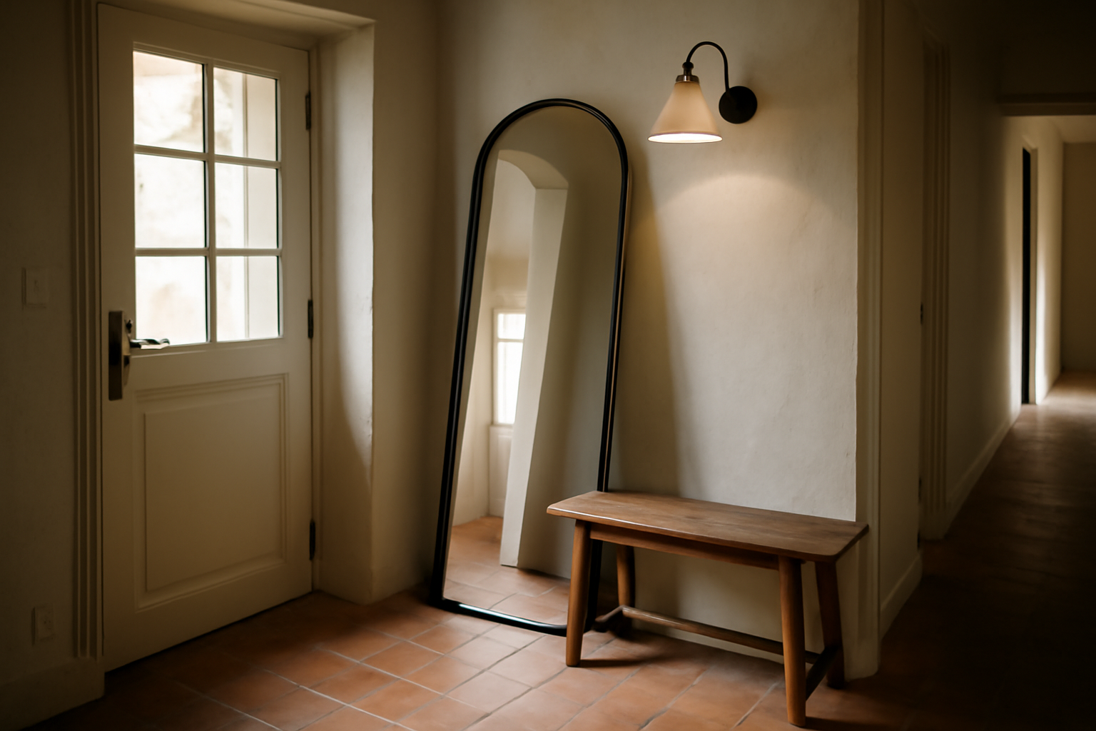 Miroir sur pied avec cadre noir dans une entrée bretonne éclairée par une applique