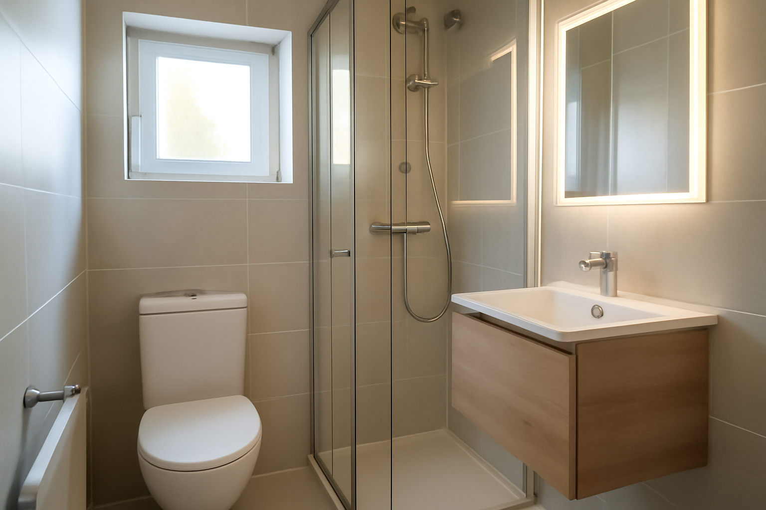 Petite salle de bain 3m2 : douche à l'italienne et meuble vasque suspendu, vue depuis l'entrée