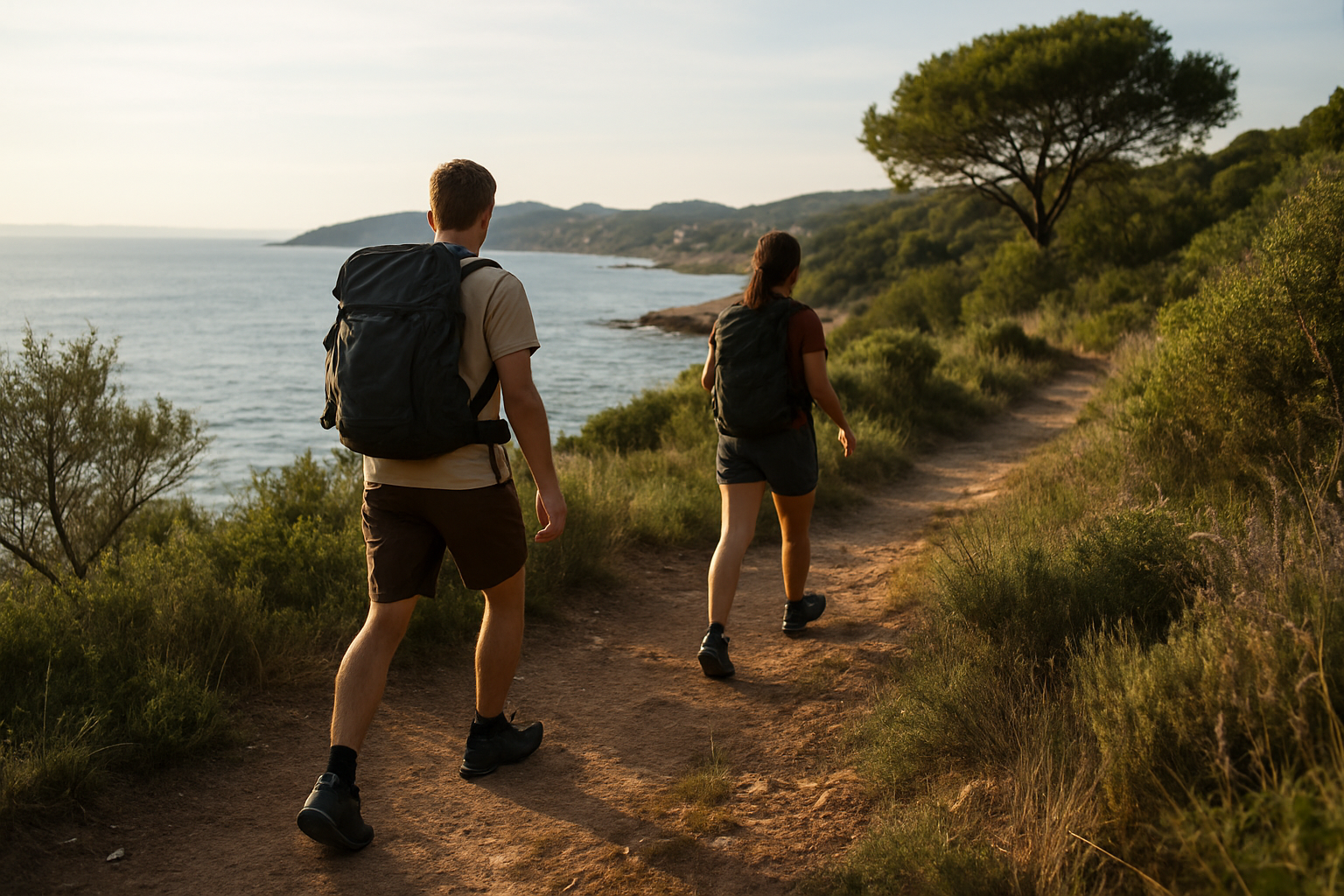 Accès à la plage du Grand Jardin à pied sur le sentier littoral près de Bormes-les-Mimosas, au soleil du matin