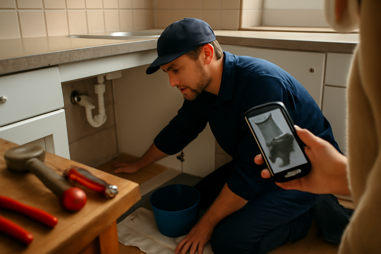 Plombier à Versailles réalisant une recherche de fuite sur une canalisation sous évier