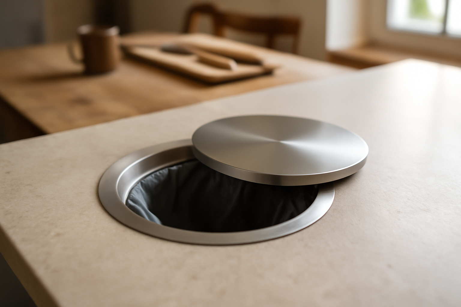 Poubelle pour plan de travail encastrée inox avec couvercle, plan de cuisine percé et sac en place