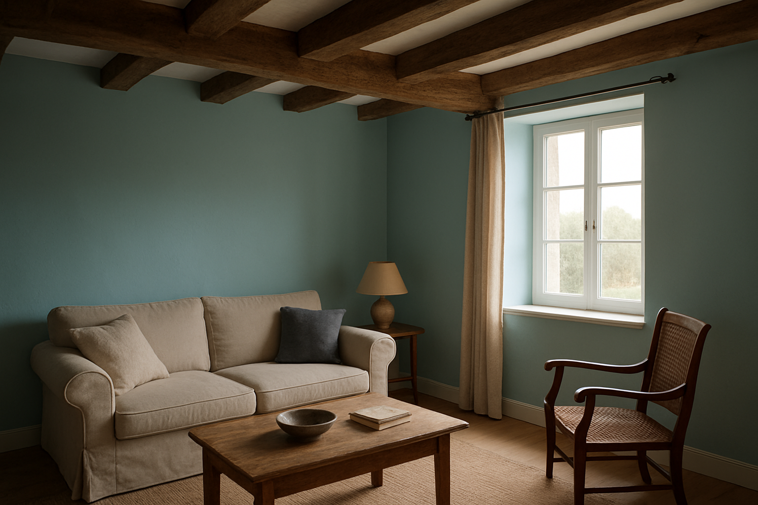 Mur fraîchement peint en bleu pastel RAL 5024 dans un salon breton, lumière du matin, finition mate