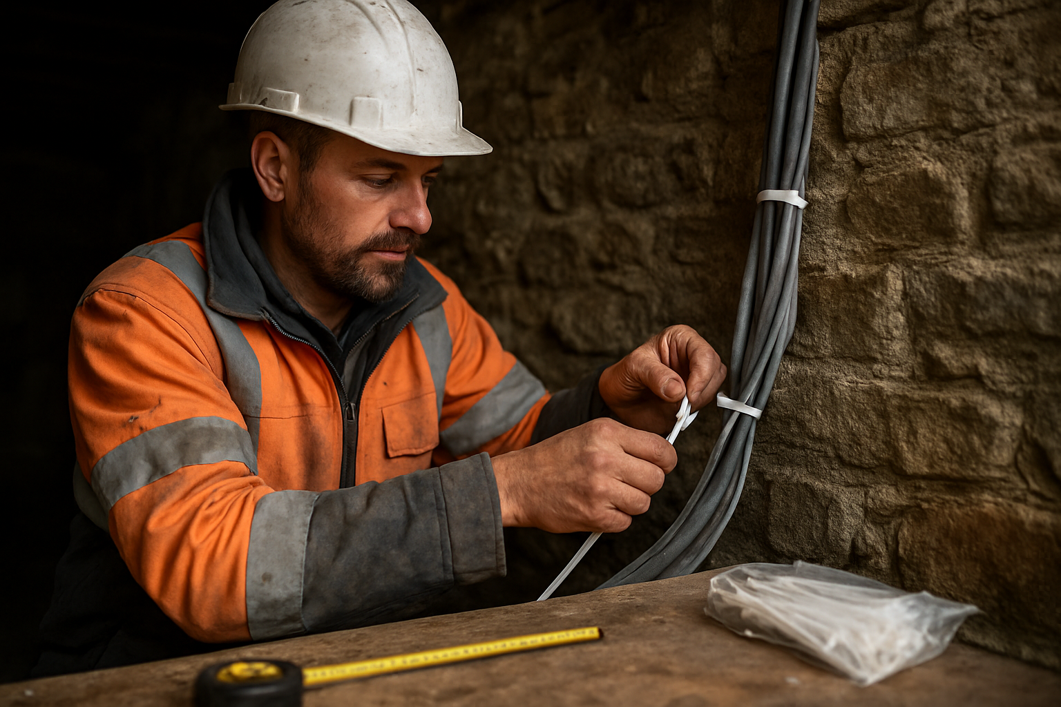 Colliers en polyamide rislan installés sur des câbles dans une remise en Bretagne