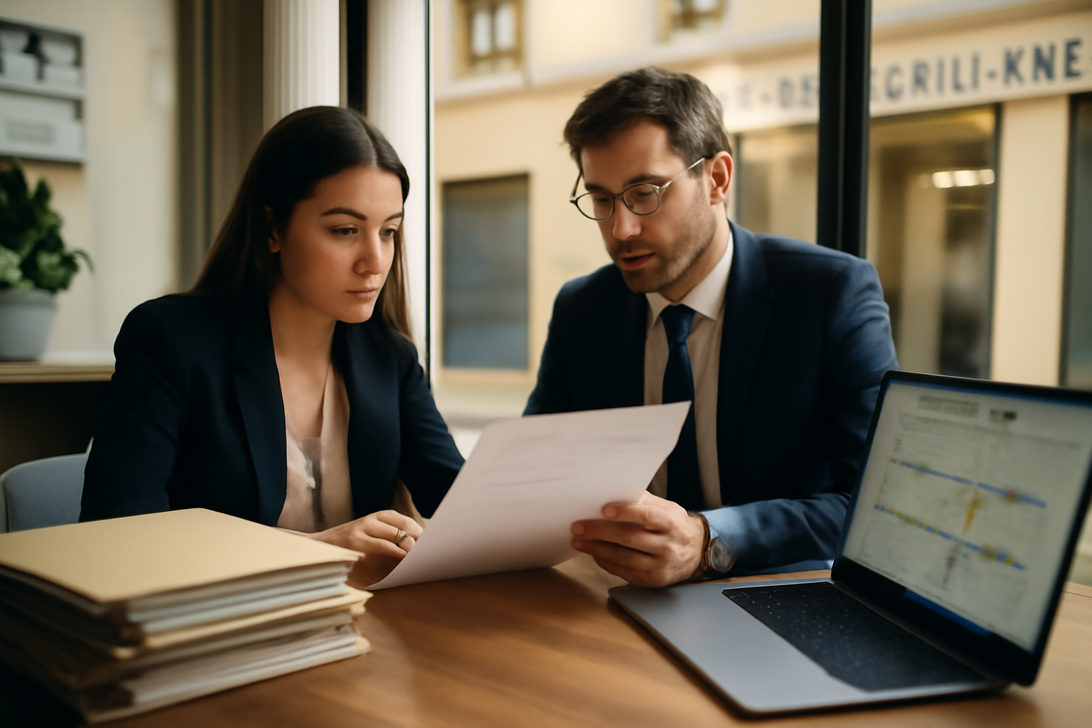 Bureau d'agence immobilière Orpi, dossiers de gestion locative sur une table, lumière de fin d'après-midi