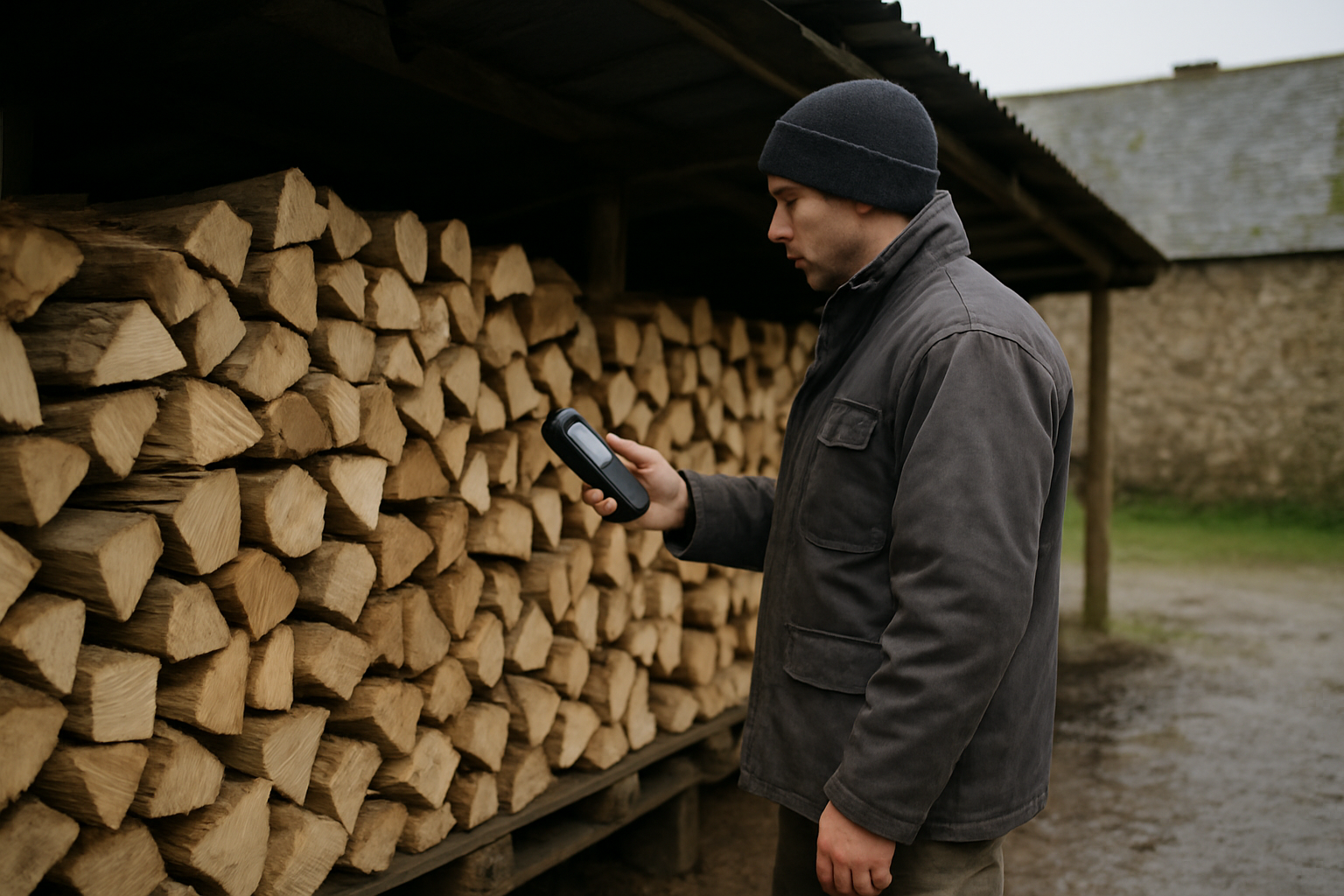 Stère de bois fendu et calibré empilé à l’abri avec jauge d’humidité