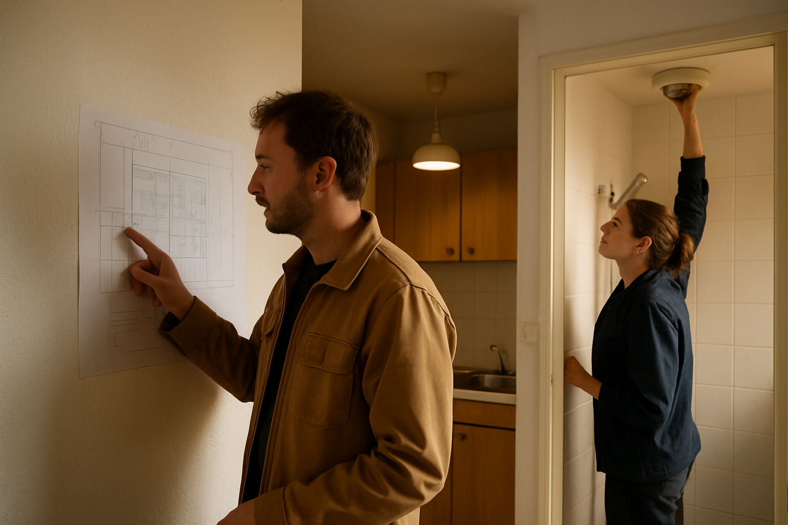 Visite d’un t1 appartement : plan au mur et vérification de la ventilation dans la salle d’eau