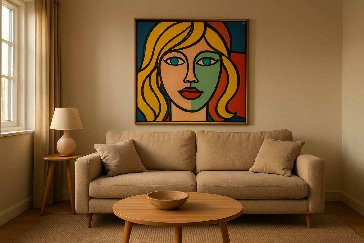 Tableau pop art coloré accroché au-dessus d’un canapé dans un salon lumineux