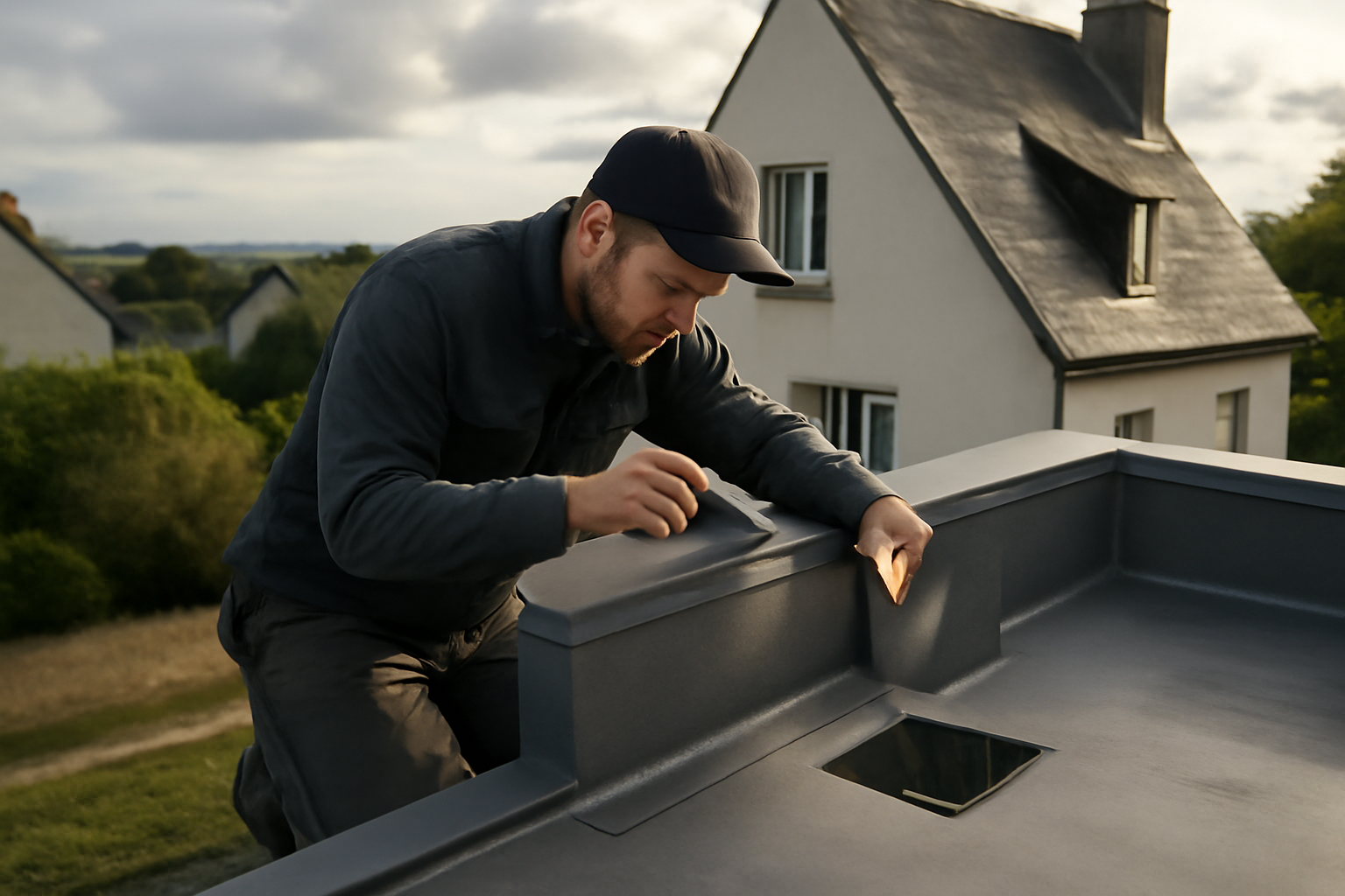 Toit en terrasse avec évacuation par entonnoir et relevés d’étanchéité